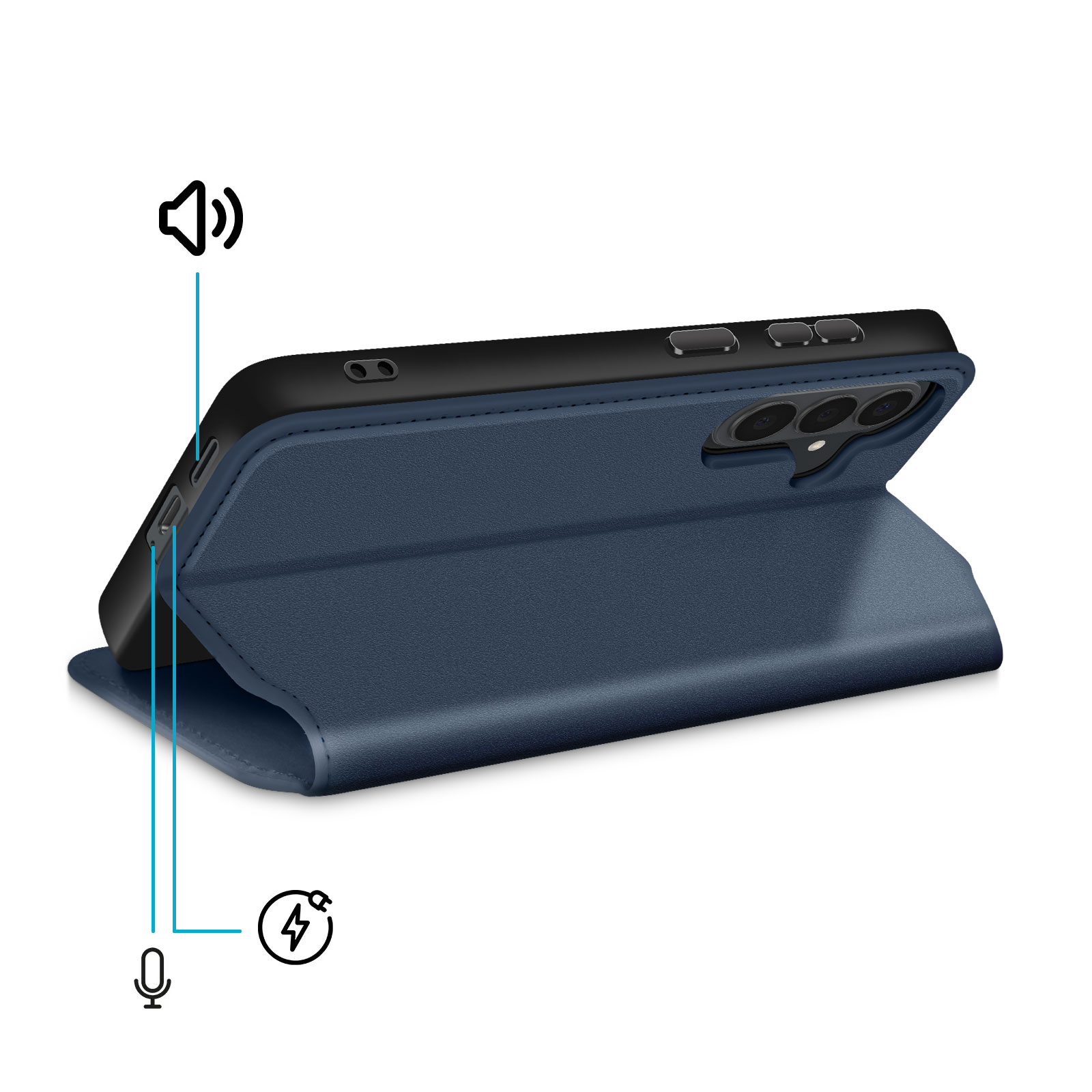 Telefono blu scuro con custodia a libro aperta. Indicati altoparlante, microfono e porta di ricarica.