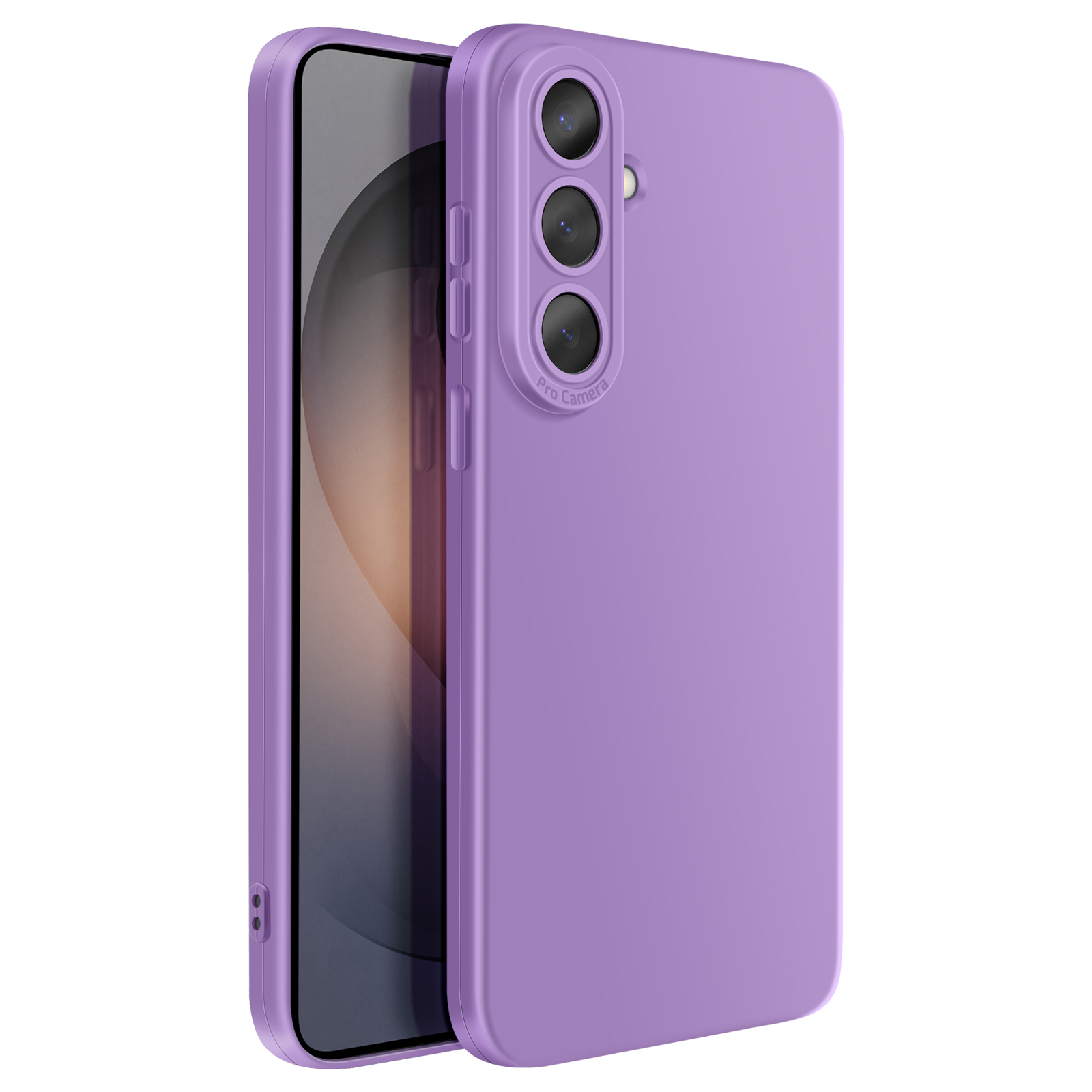 Een paarse telefoonhoes met drie cameralenzen en 'Pro Camera' tekst.