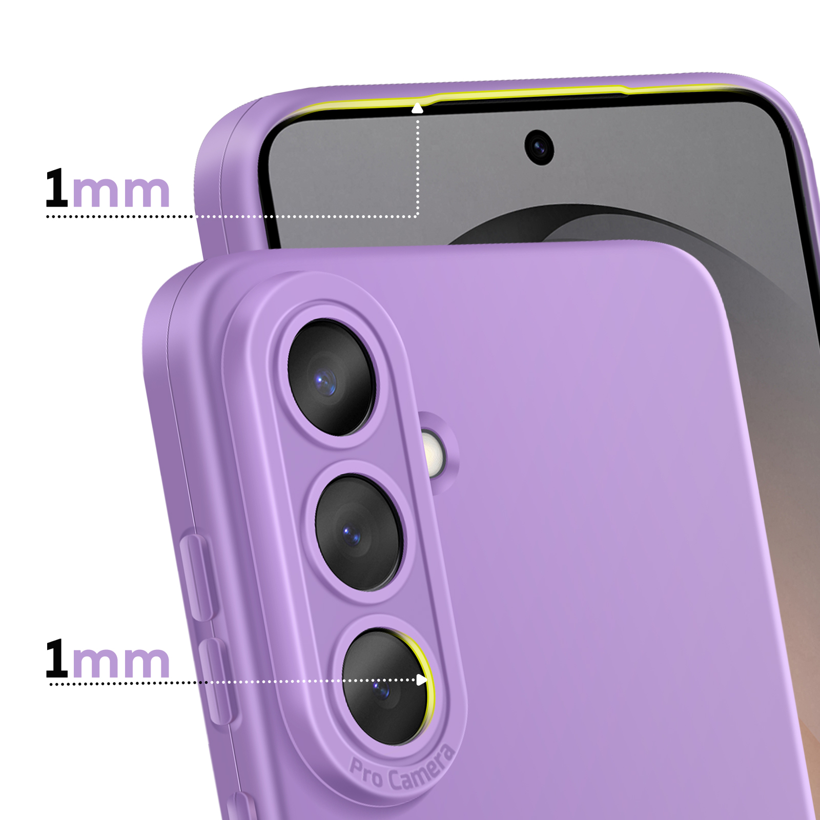 Paarse telefoonhoes met 1 mm verhoogde rand rond camera en scherm.
