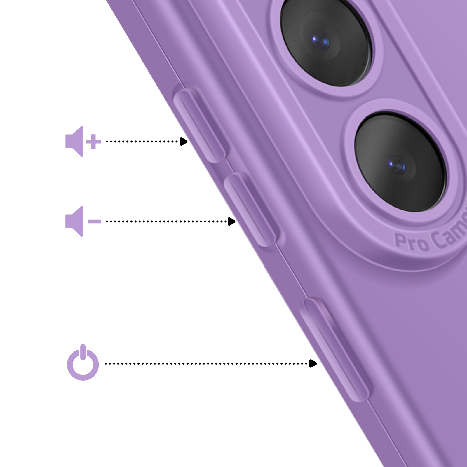 Paarse telefoonhoes met volume-, aan/uitknoppen & cameralens.
