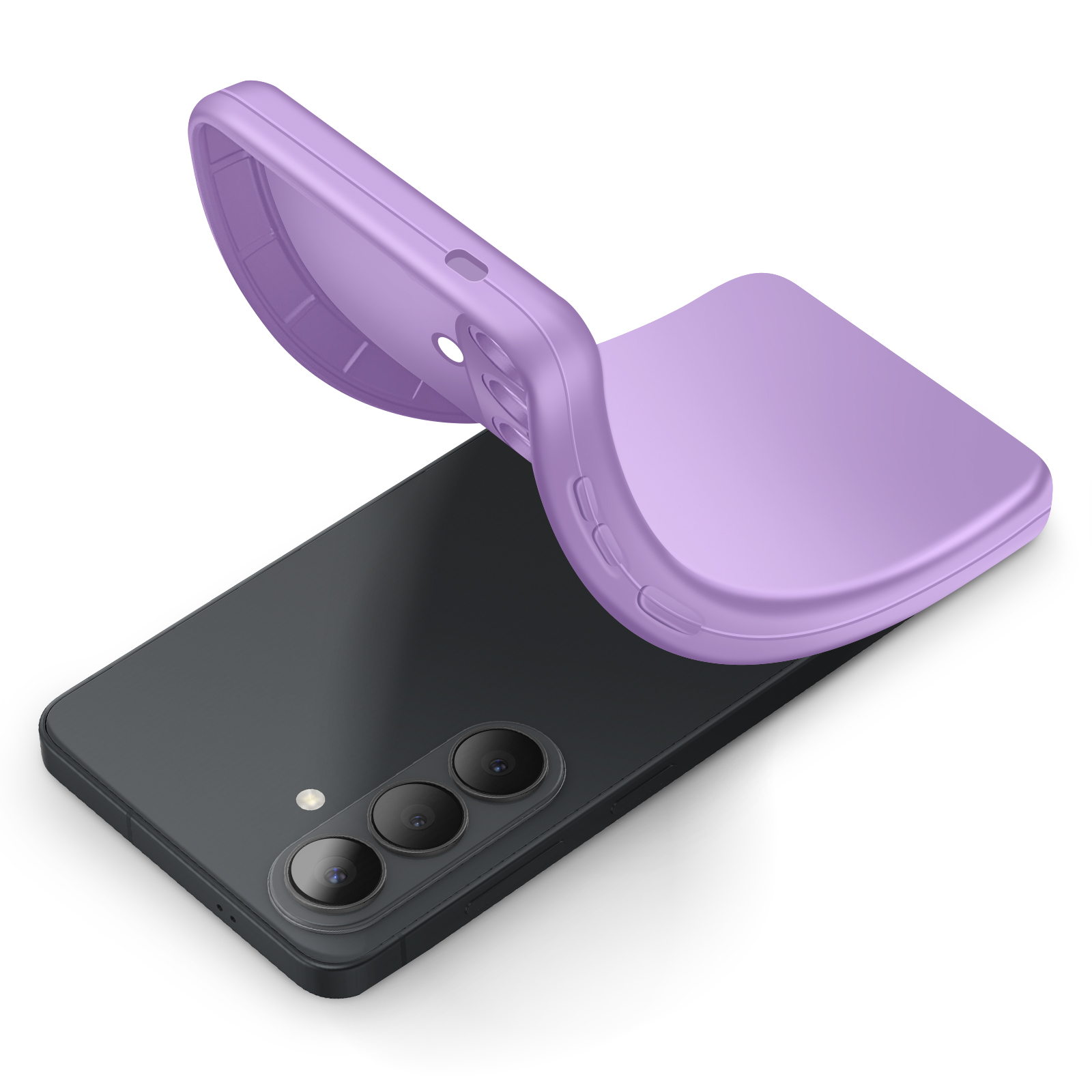 Een lavendelkleurige telefoonhoes is over een donkere smartphone gedrapeerd.