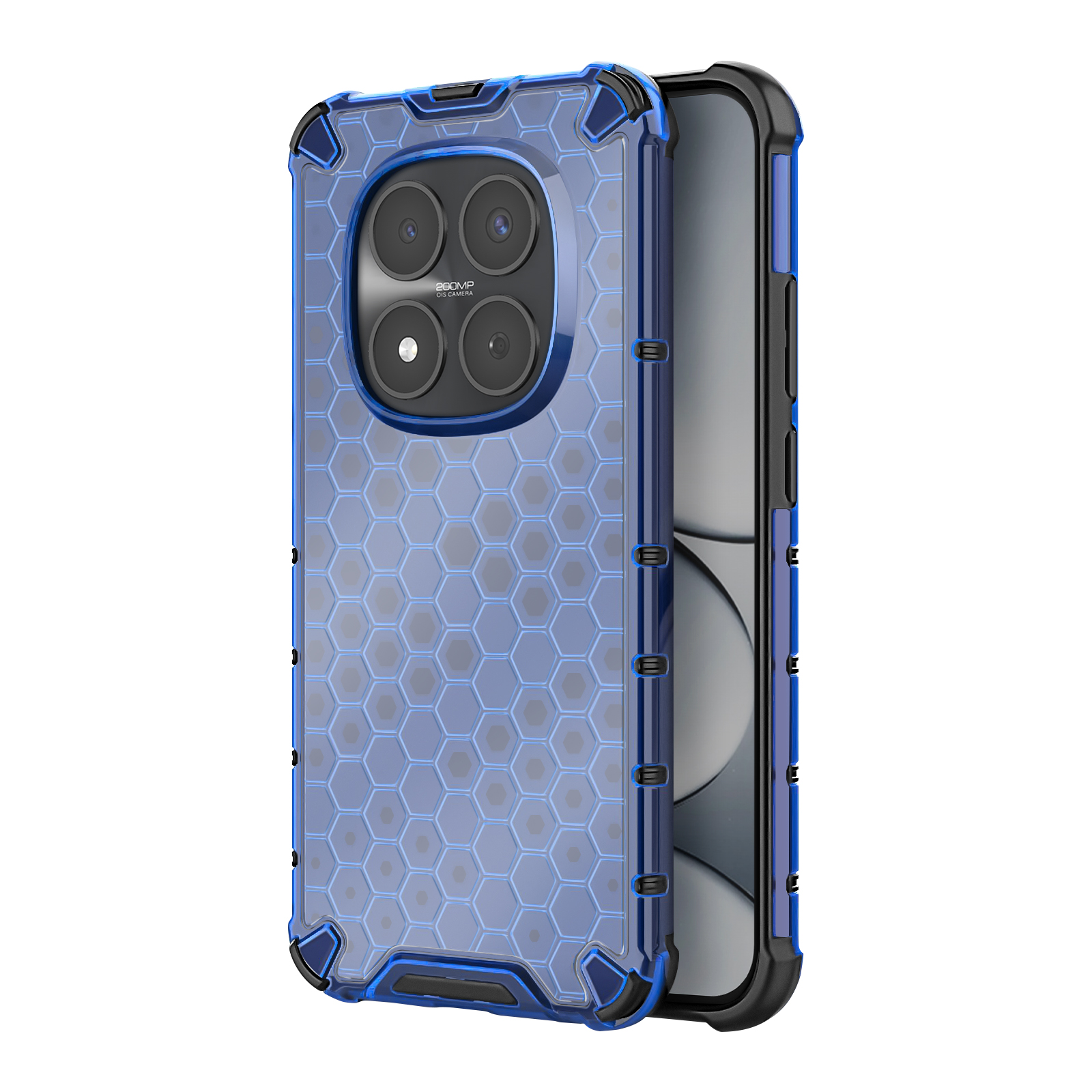 Een blauwe telefoonhoes met honingraatpatroon en vier cameralenzen.