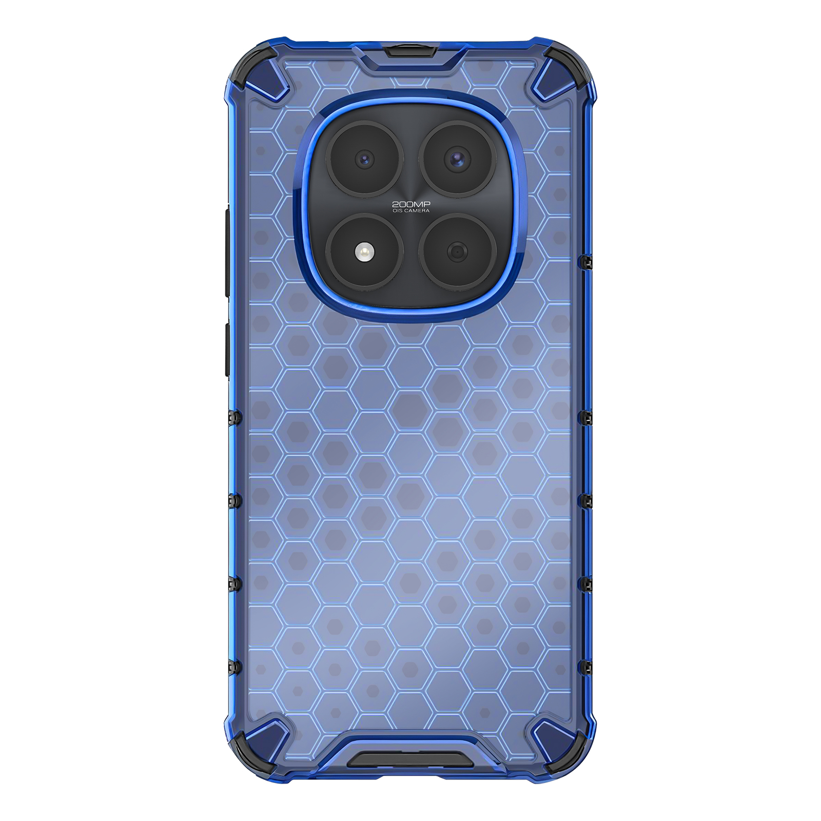 Blauw telefoonhoesje met hexagonaal patroon en vier camera's.