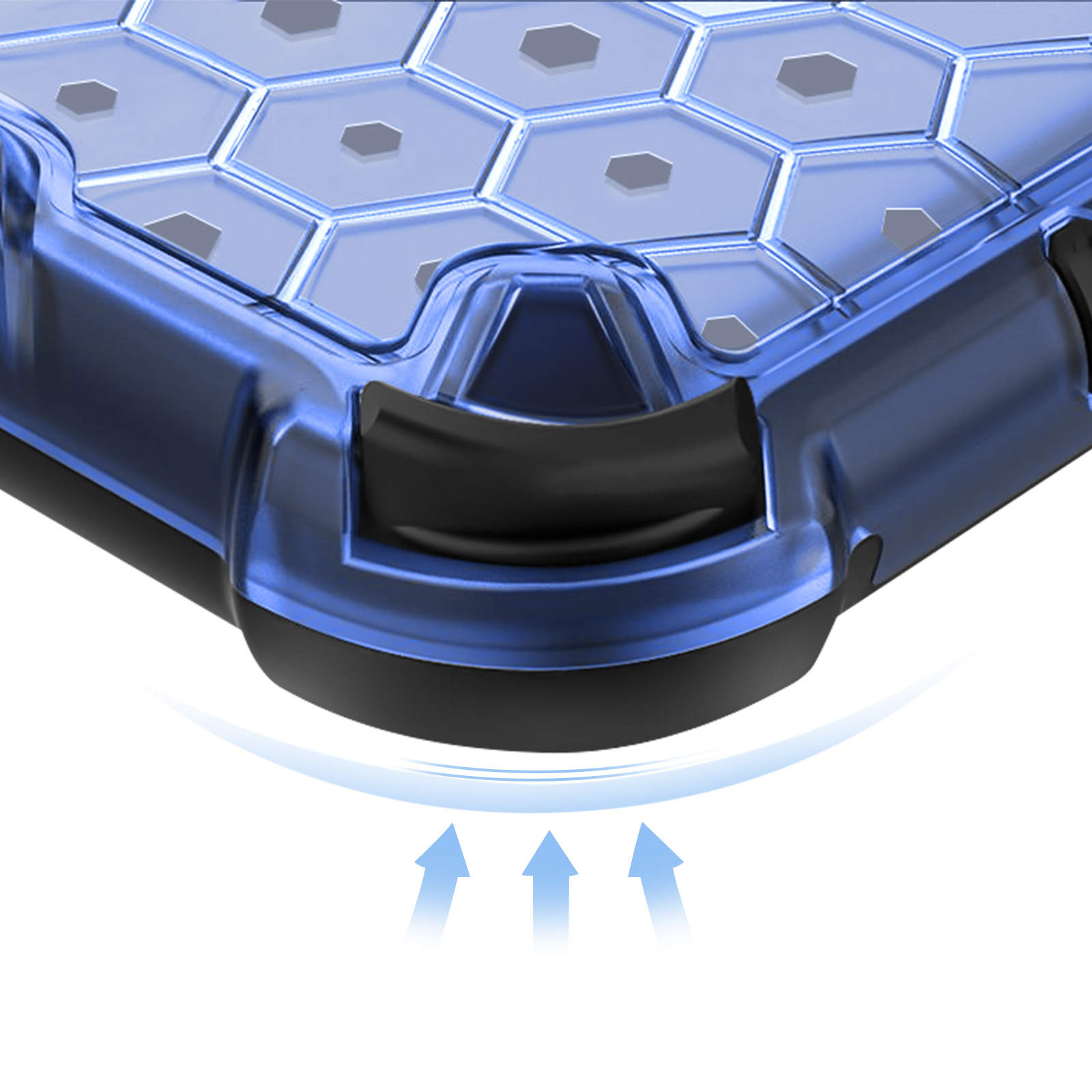Blauwe beschermhoes met hexagonaal patroon en pijlen eronder.