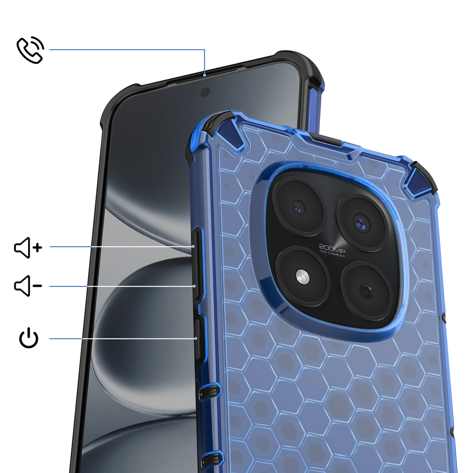 Blauwe telefoon met honingraat hoes en camera. Iconen voor bellen, volume en aan/uit.