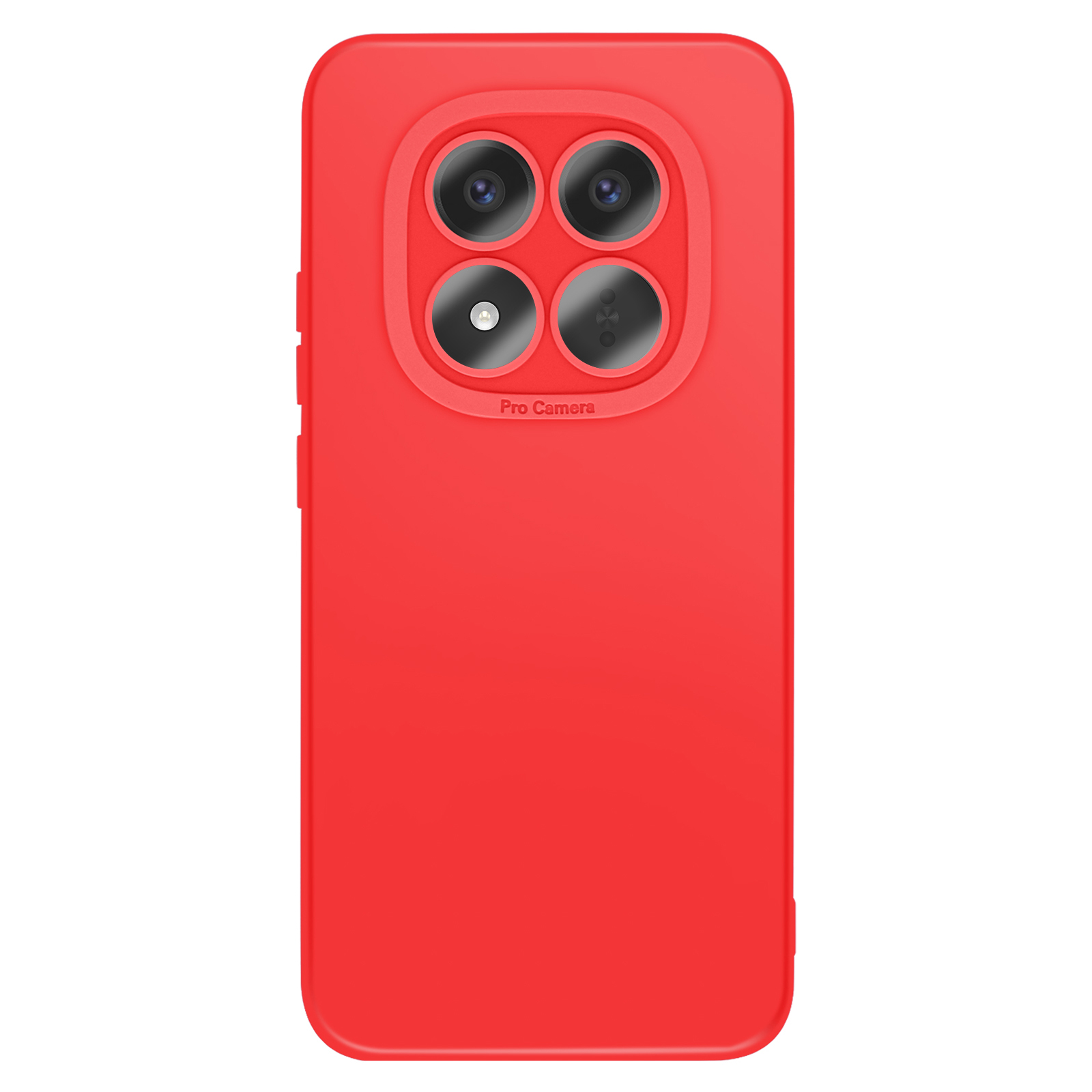 Coque de téléphone rouge avec quatre caméras et un flash.