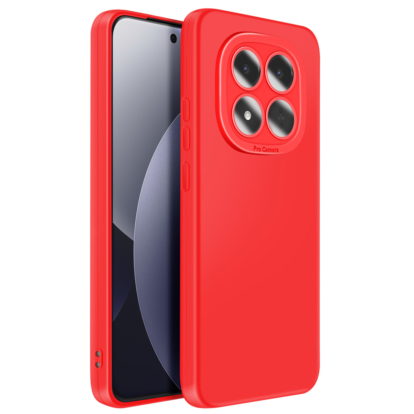 Coque de téléphone rouge avec configuration quadruple caméra.