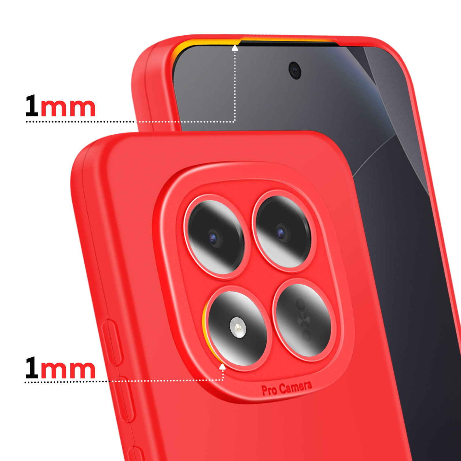 Coque de téléphone rouge avec bords surélevés de 1 mm pour écran et module caméra.
