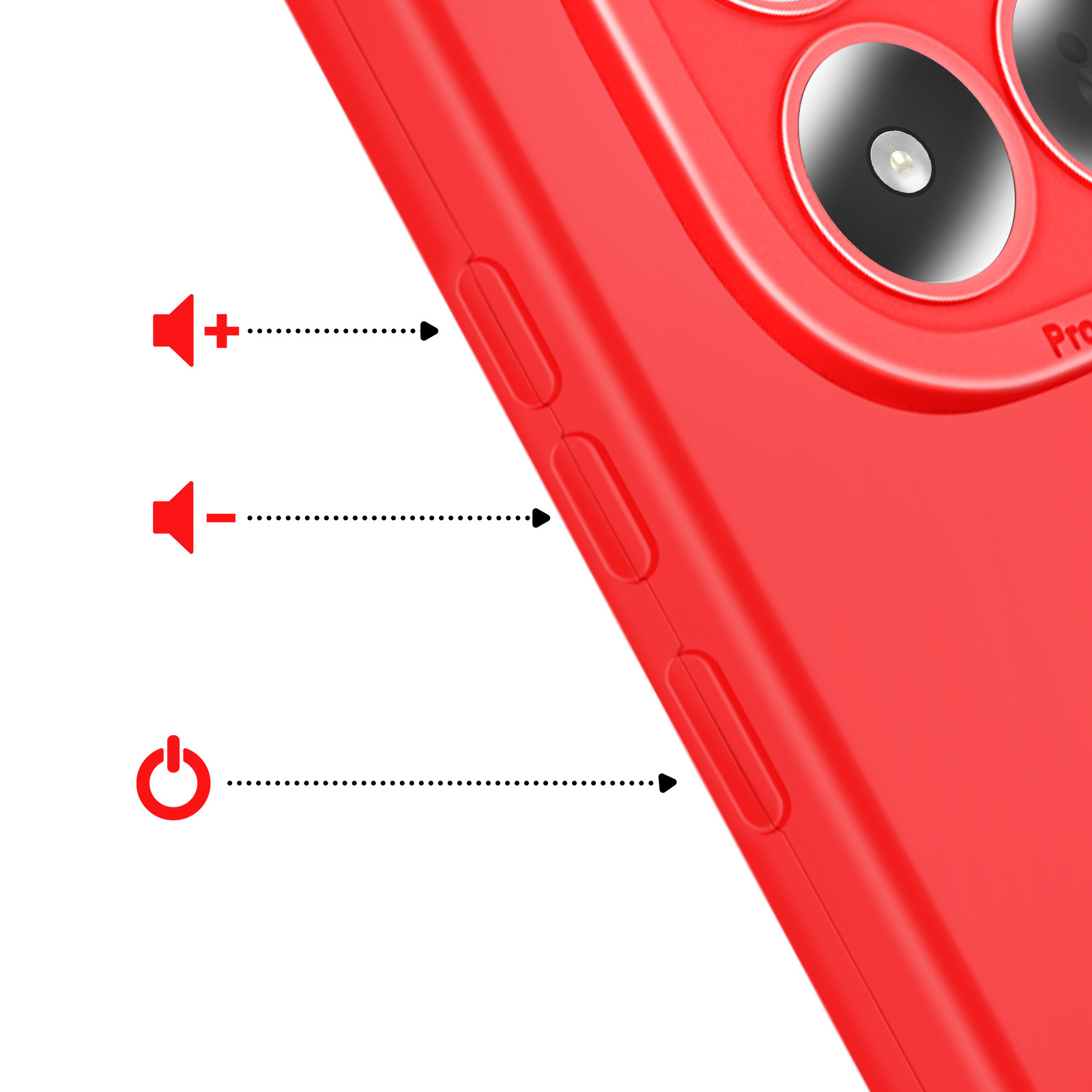 Coque de téléphone rouge avec icônes volume et bouton d'alimentation.