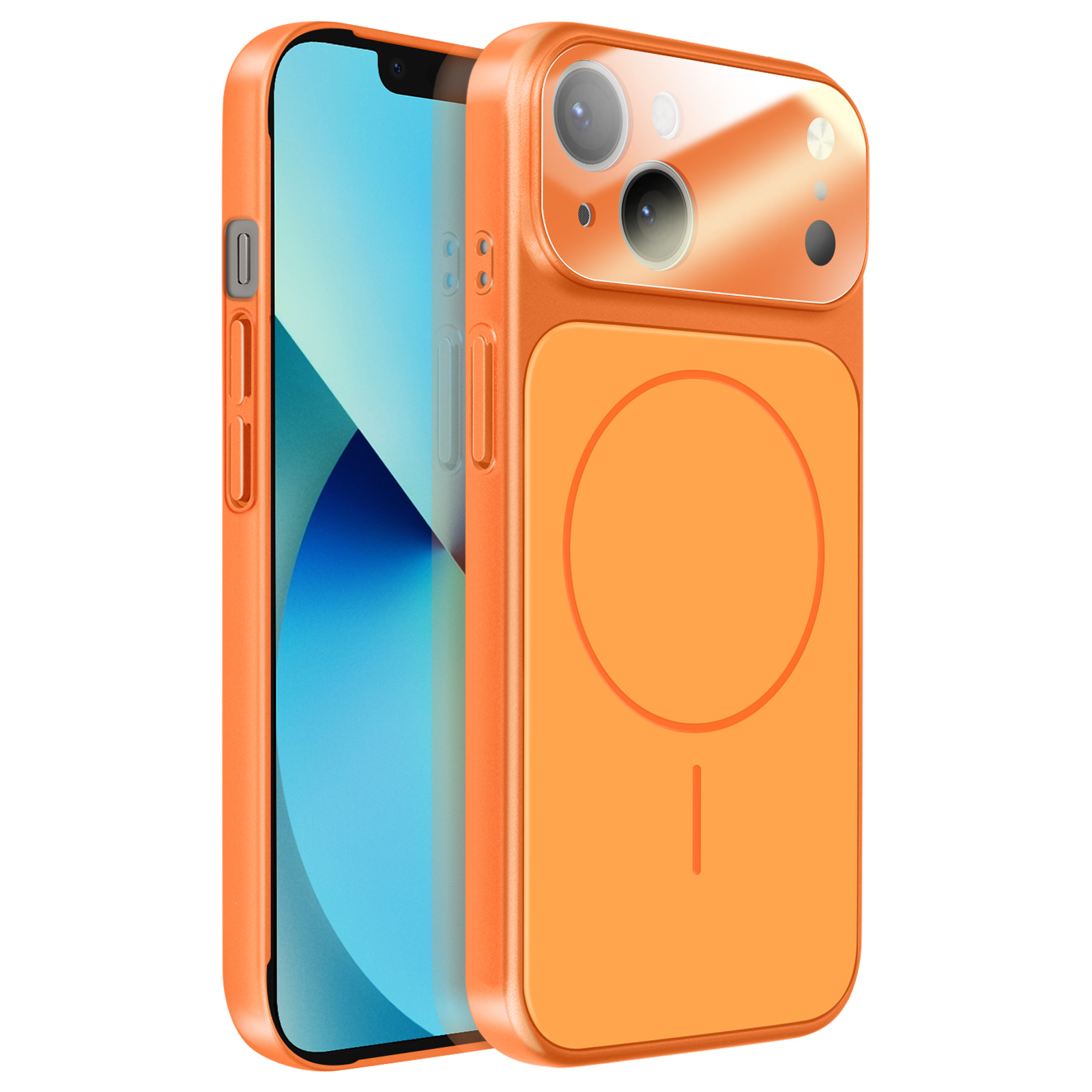 Un téléphone orange avec objectif de caméra et zone de chargement circulaire.