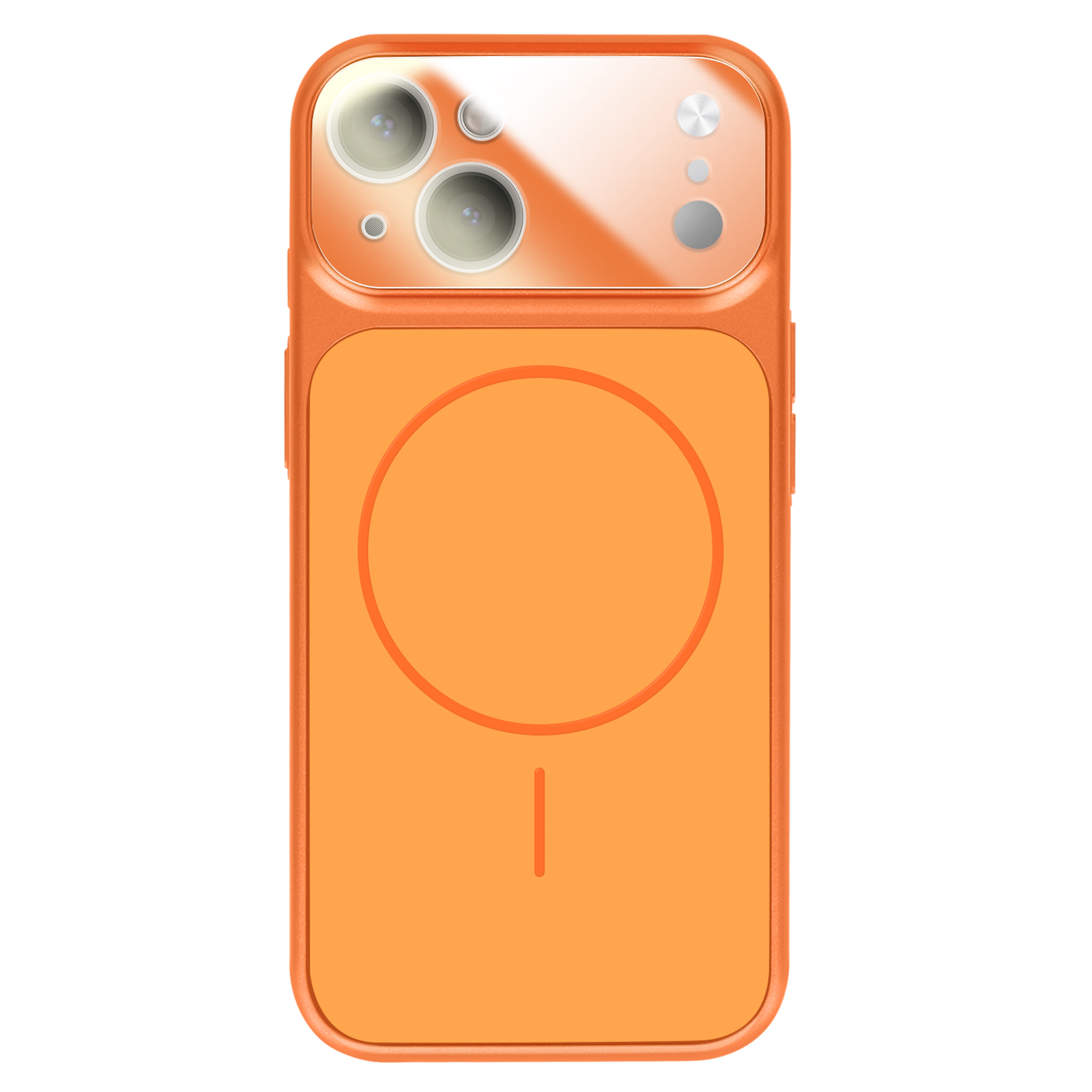 Coque de téléphone orange avec découpe caméra et cercle de charge.