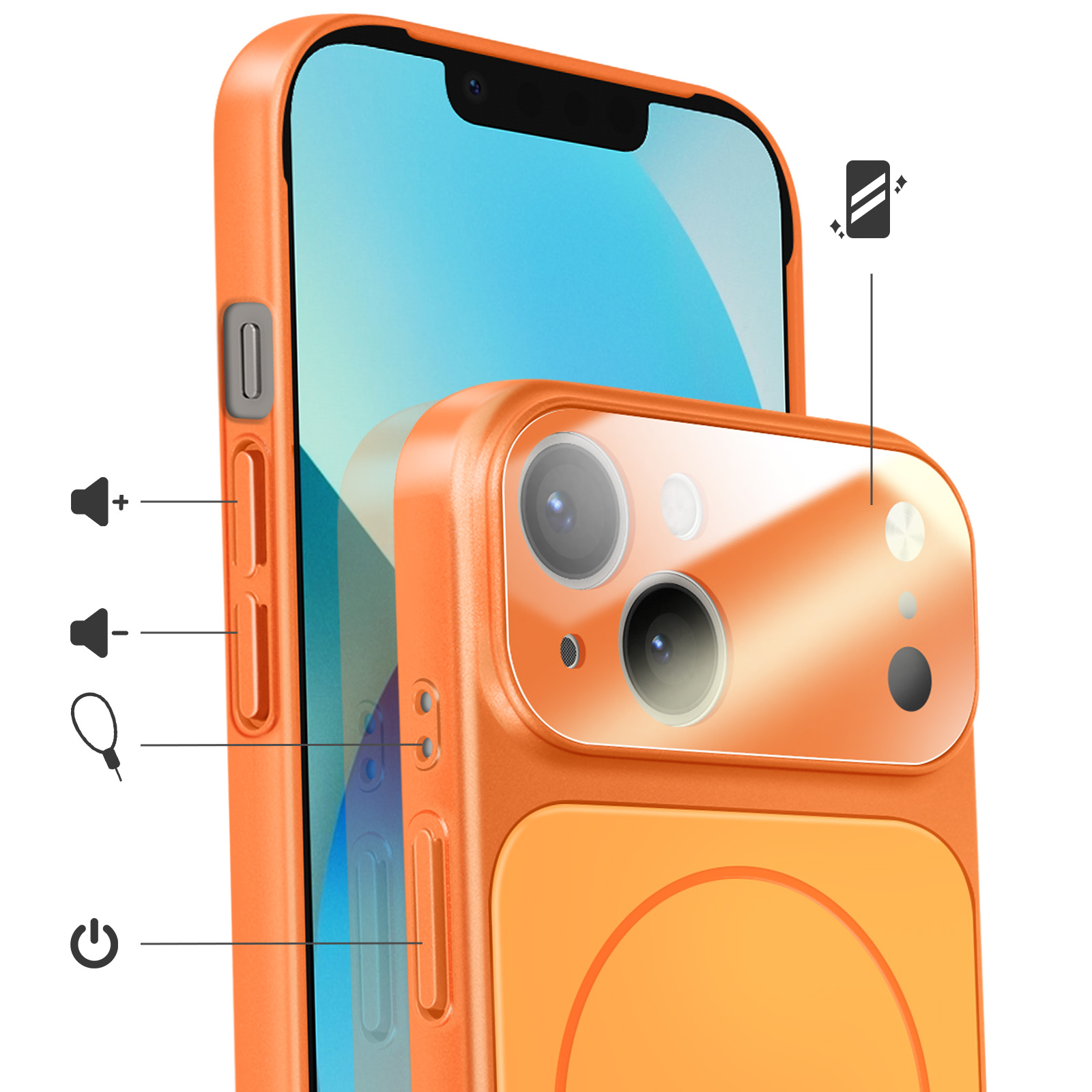 Coque de téléphone orange avec caméras et boutons, étiquettes blanches.