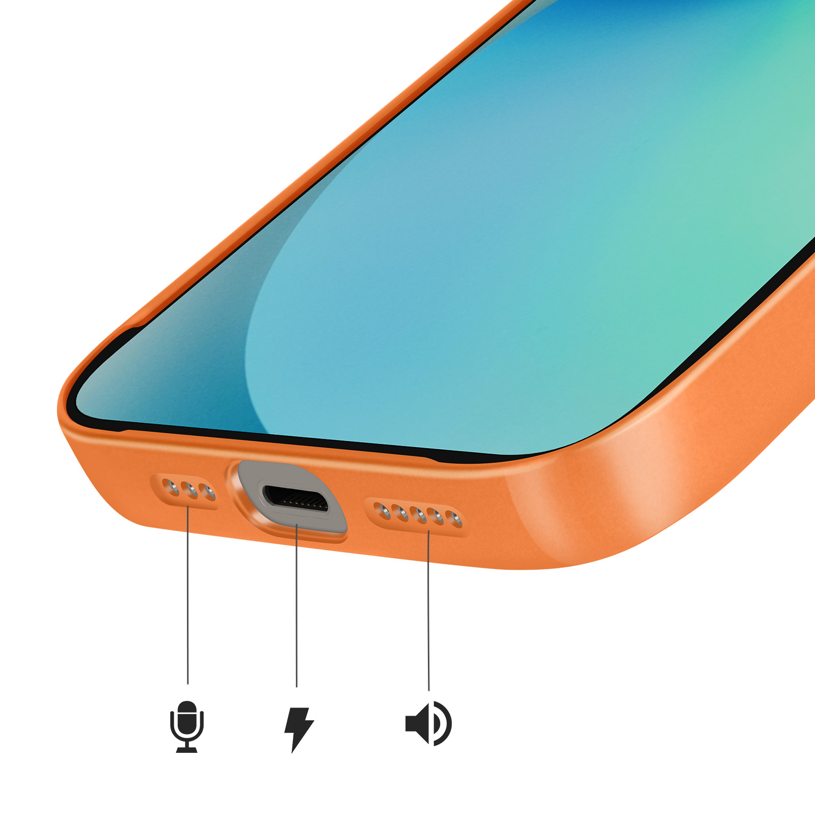 Un smartphone orange montrant le port de charge, les icônes de micro et de haut-parleur.