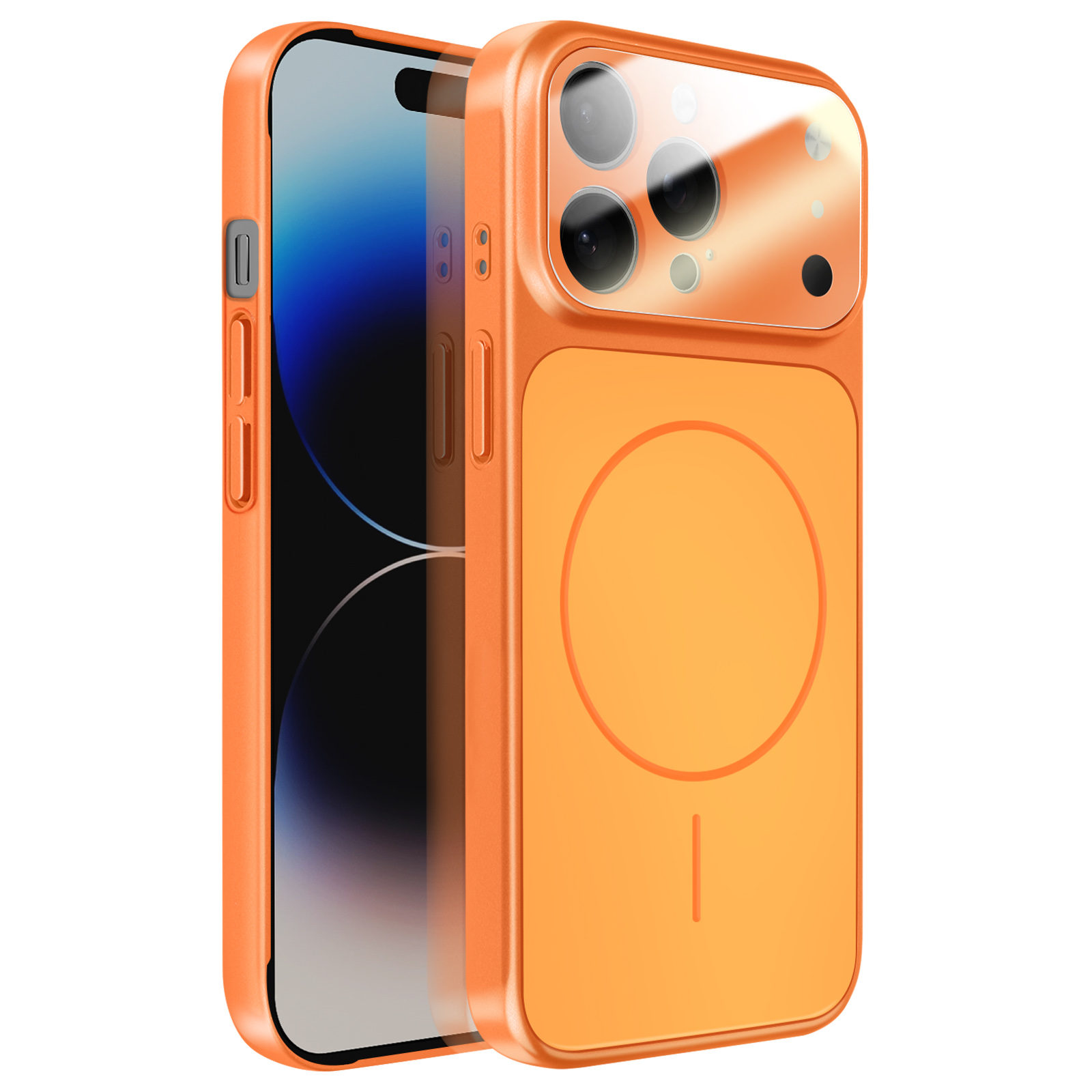 Oranje hoesje met MagSafe-ring voor een iPhone, camera's zichtbaar.