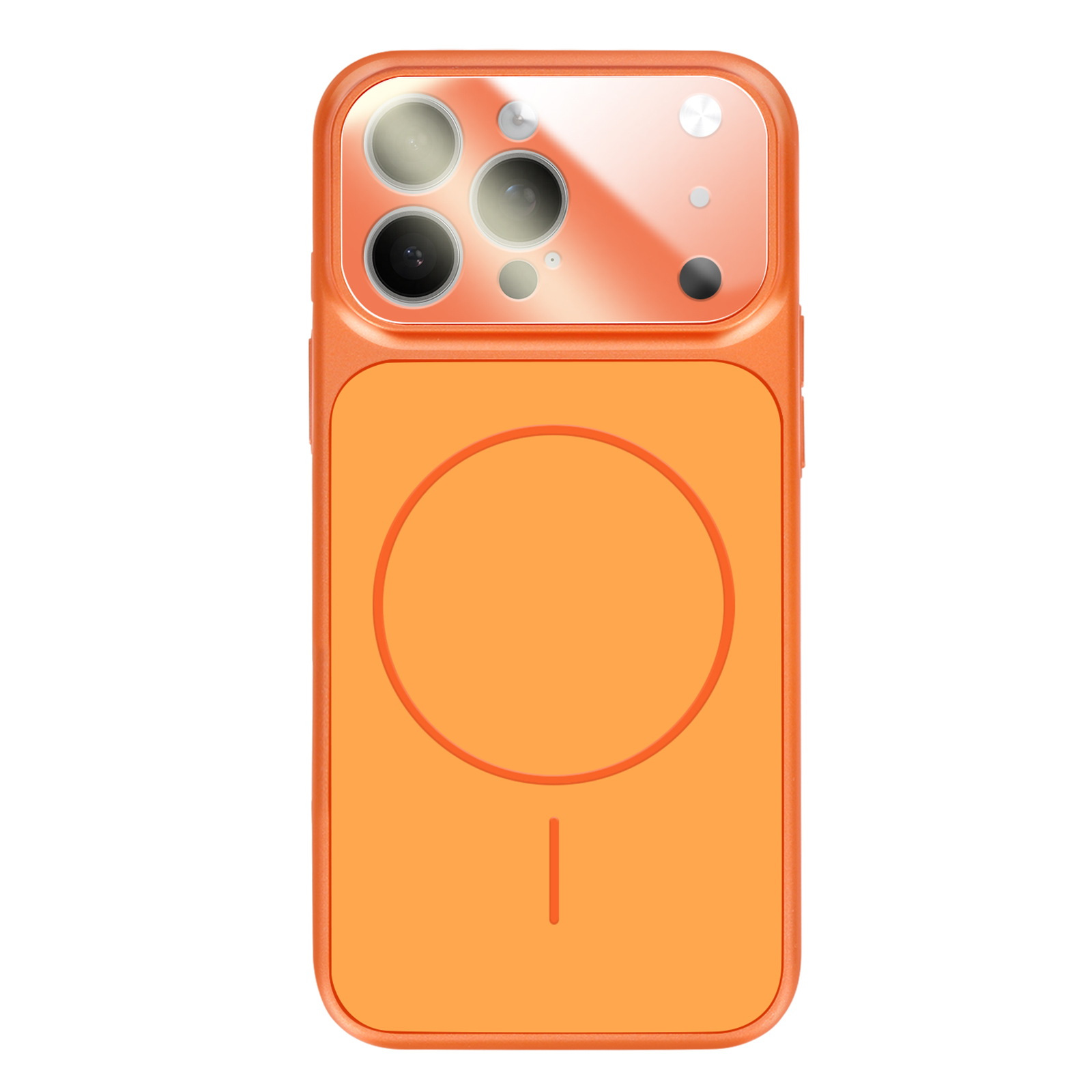 Oranje telefoonhoesje met drie cameralensjes en een cirkelvormig magnetisch gebied.