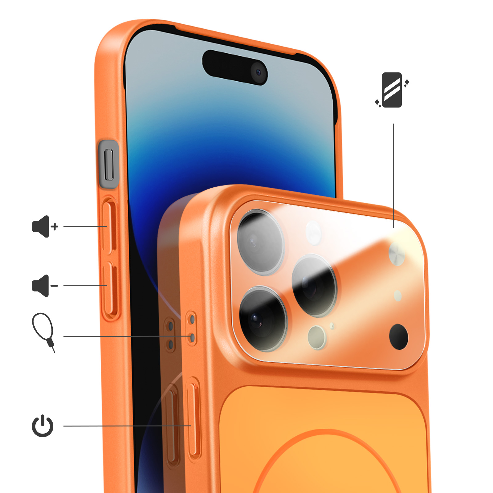Oranje telefoonhoesje met camera-uitsparing, volume- en aan/uit-knoppen.