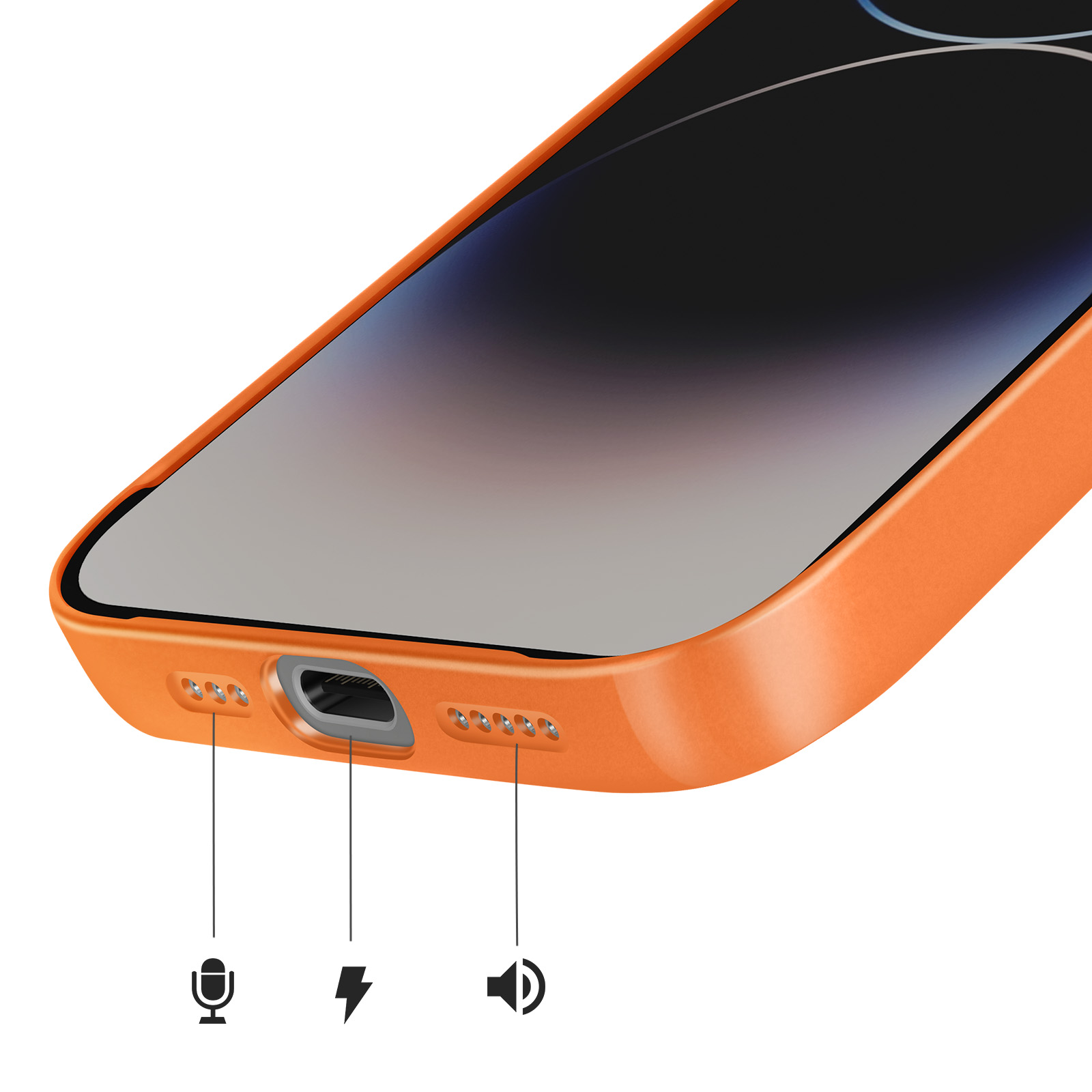 Oranje telefoonhoes met oplaadpoort, microfoon- en luidsprekergaten.