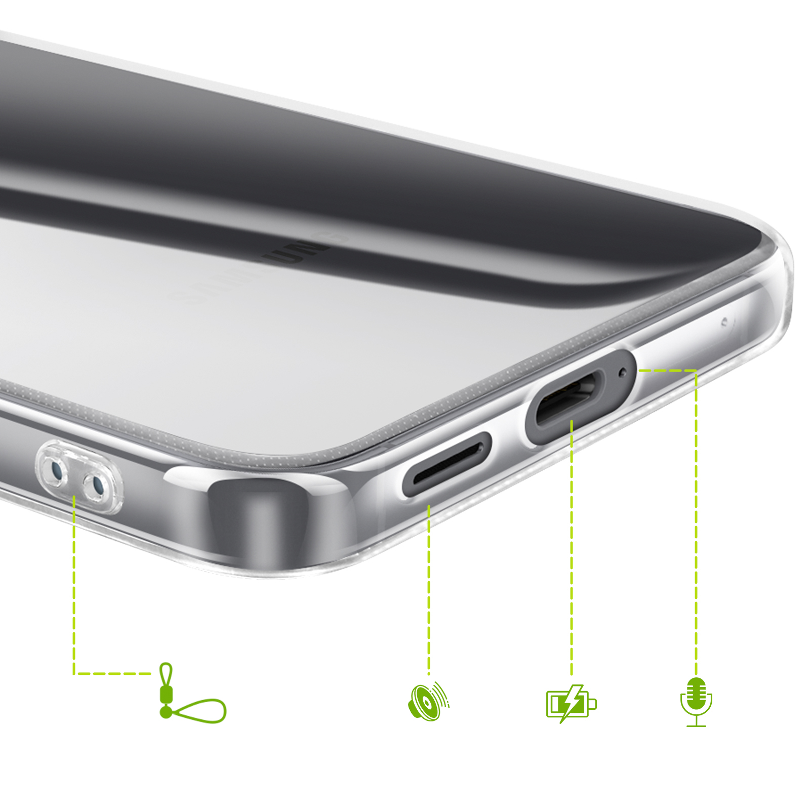 Nahaufnahme der Unterseite eines transparenten Smartphone-Gehäuses mit Anschlüssen.