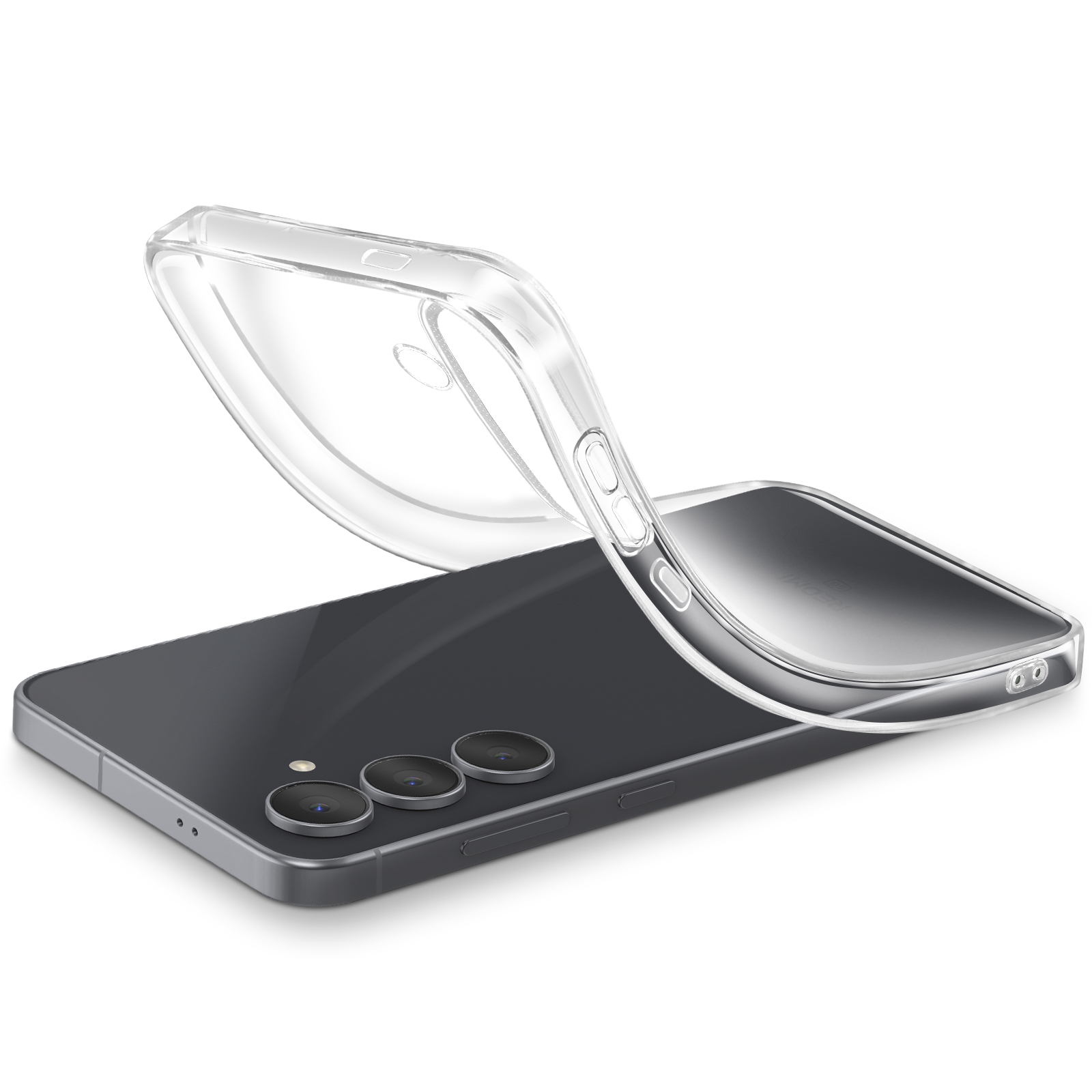 Transparente Handyhülle wird über ein dunkles Smartphone gelegt.