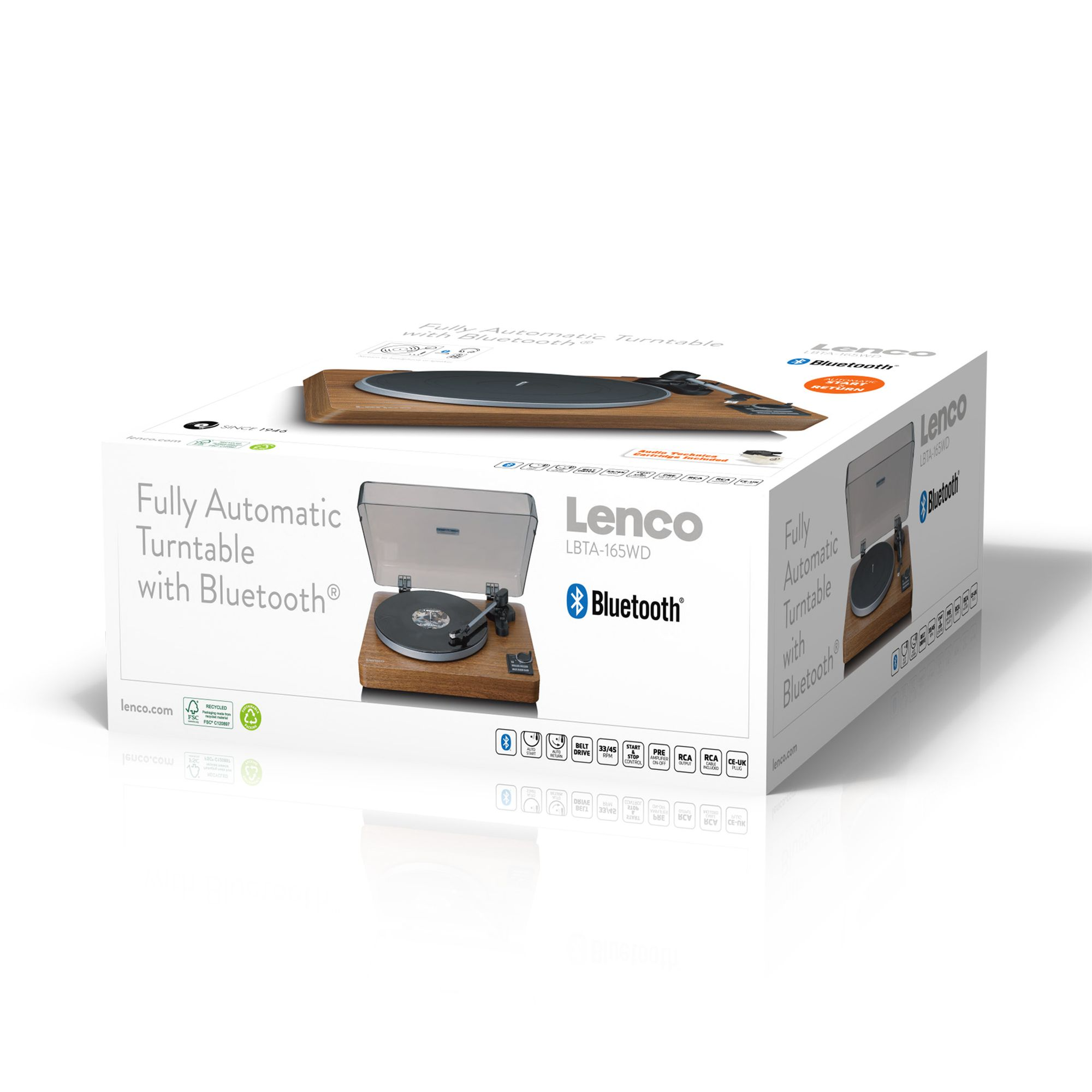 Drewniany gramofon z przezroczystą pokrywą i symbolem Bluetooth.