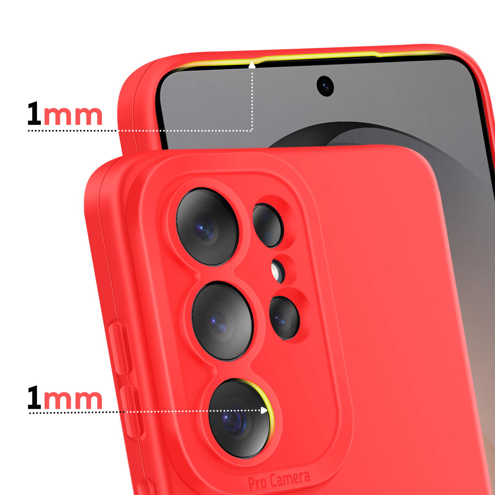 Rode telefoonhoes met 1 mm verhoogde rand rond camera en scherm.