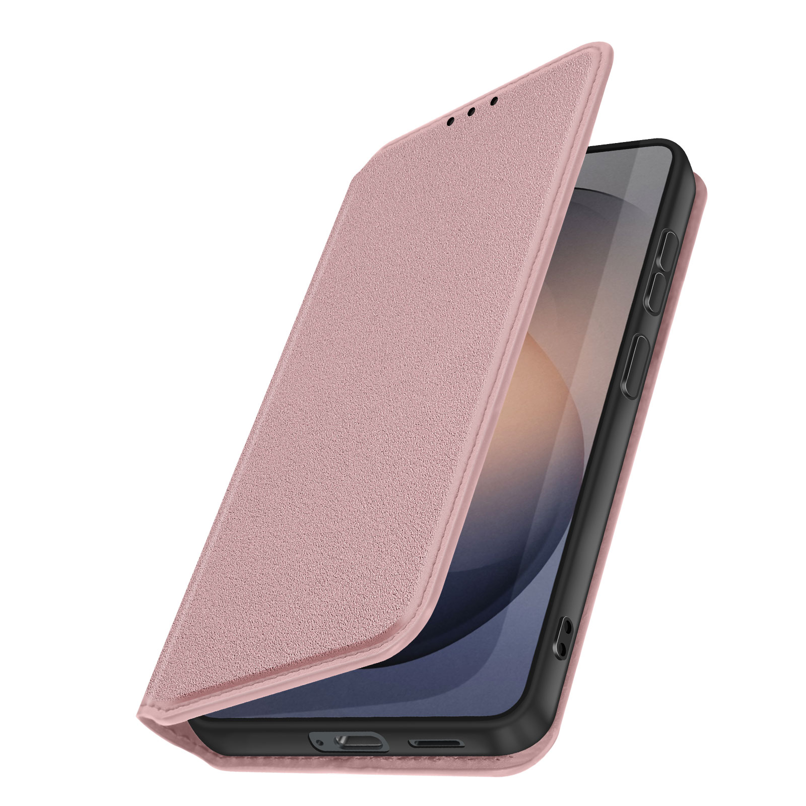 Una cover rosa a libro aperta, che rivela il telefono. Isolato su bianco.