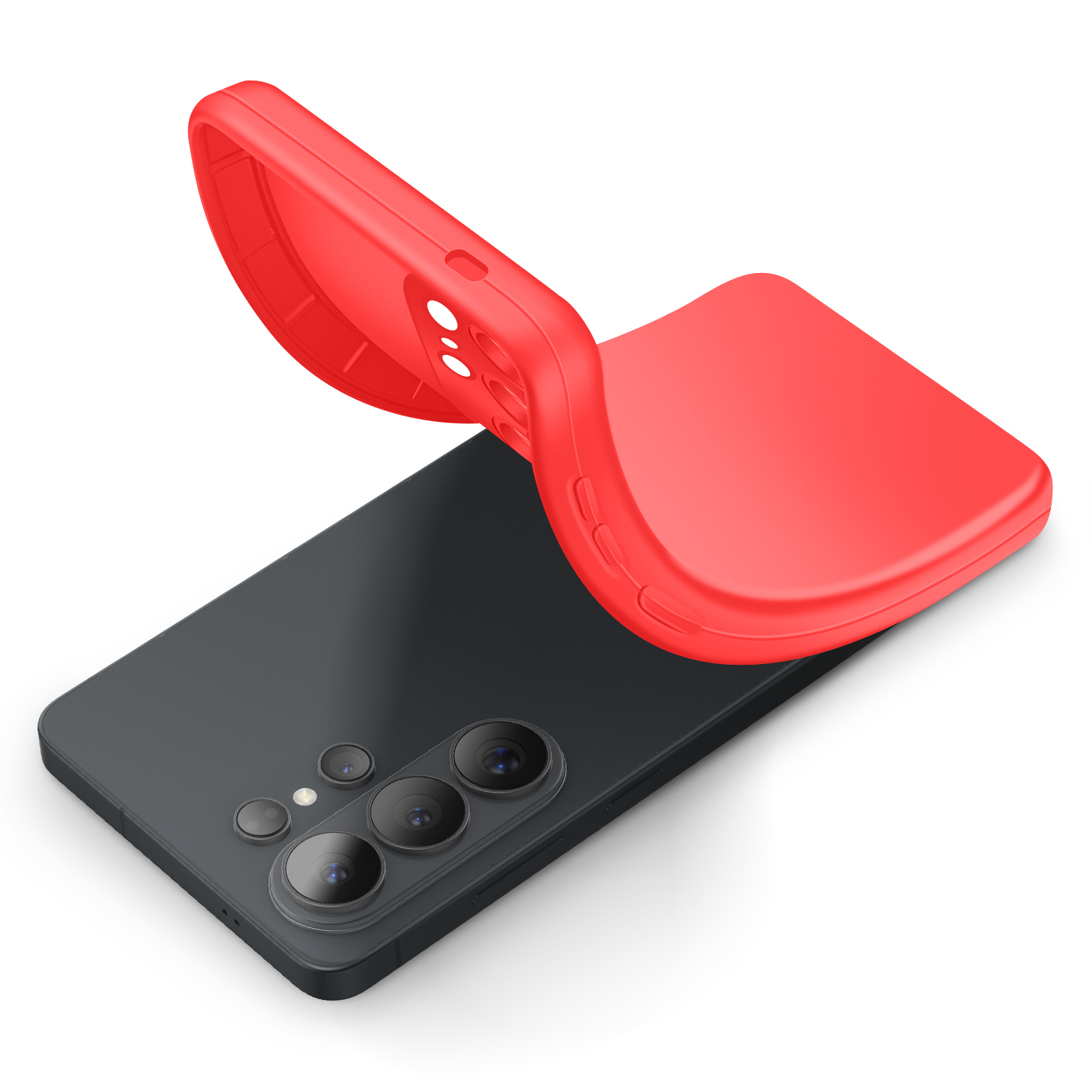 Rode telefoonhoes over een donkere smartphone, close-up.