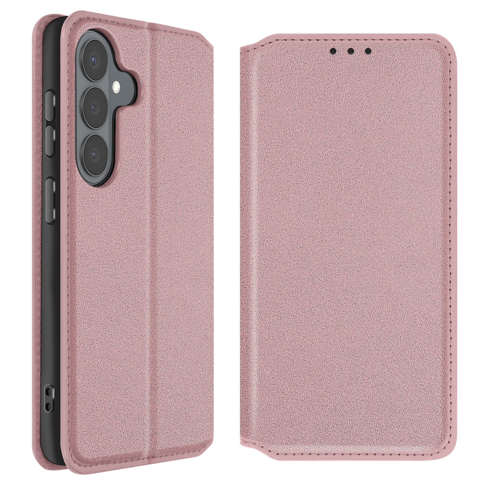 Una custodia a libro rosa per telefono con tre fotocamere e pulsanti.