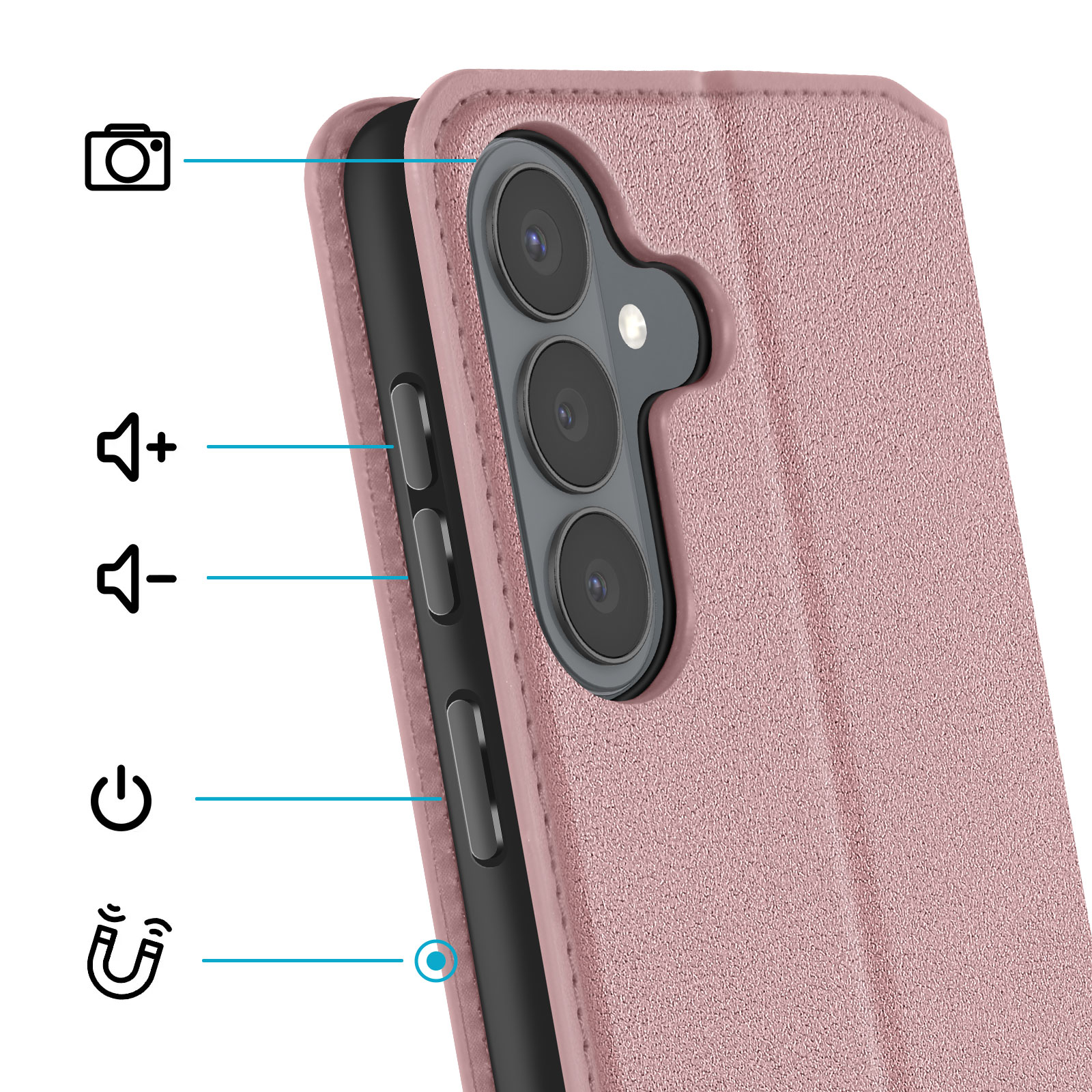 Primo piano di una cover rosa per telefono con icone di fotocamera, volume, accensione e chiusura magnetica.