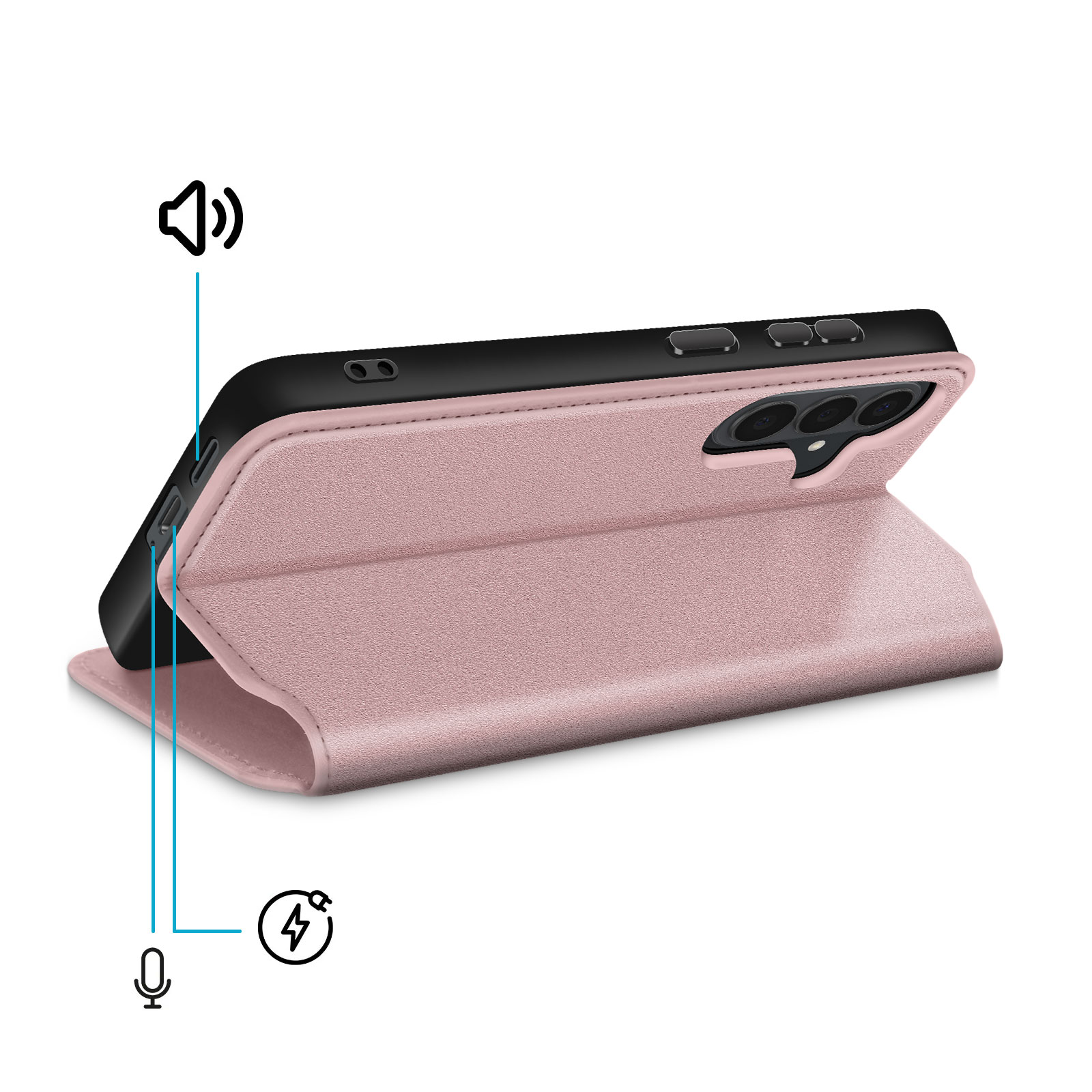 Un telefono rosa con custodia a flip, fotocamere e pulsanti.