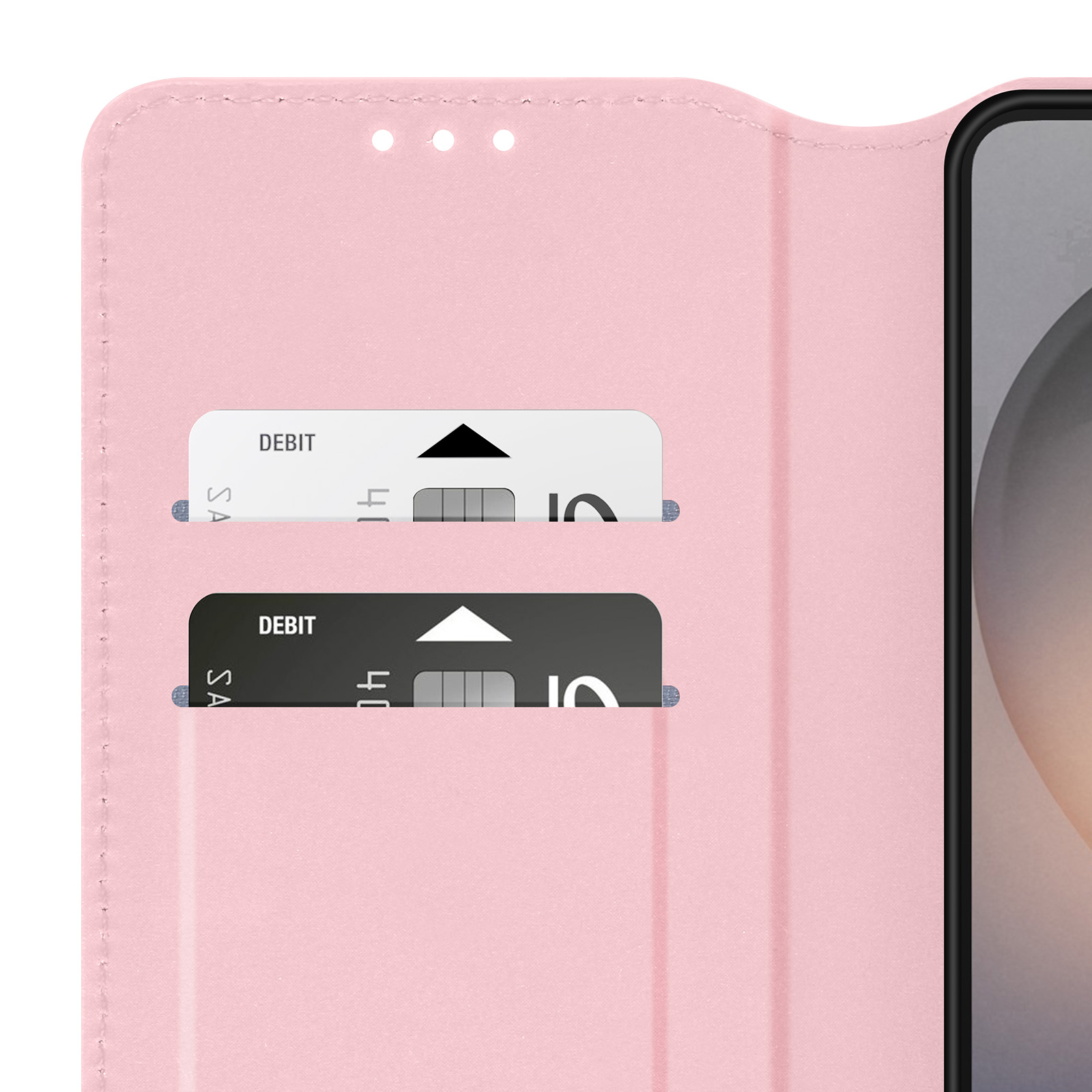 Una custodia per telefono rosa con due fessure per carte contenenti carte.