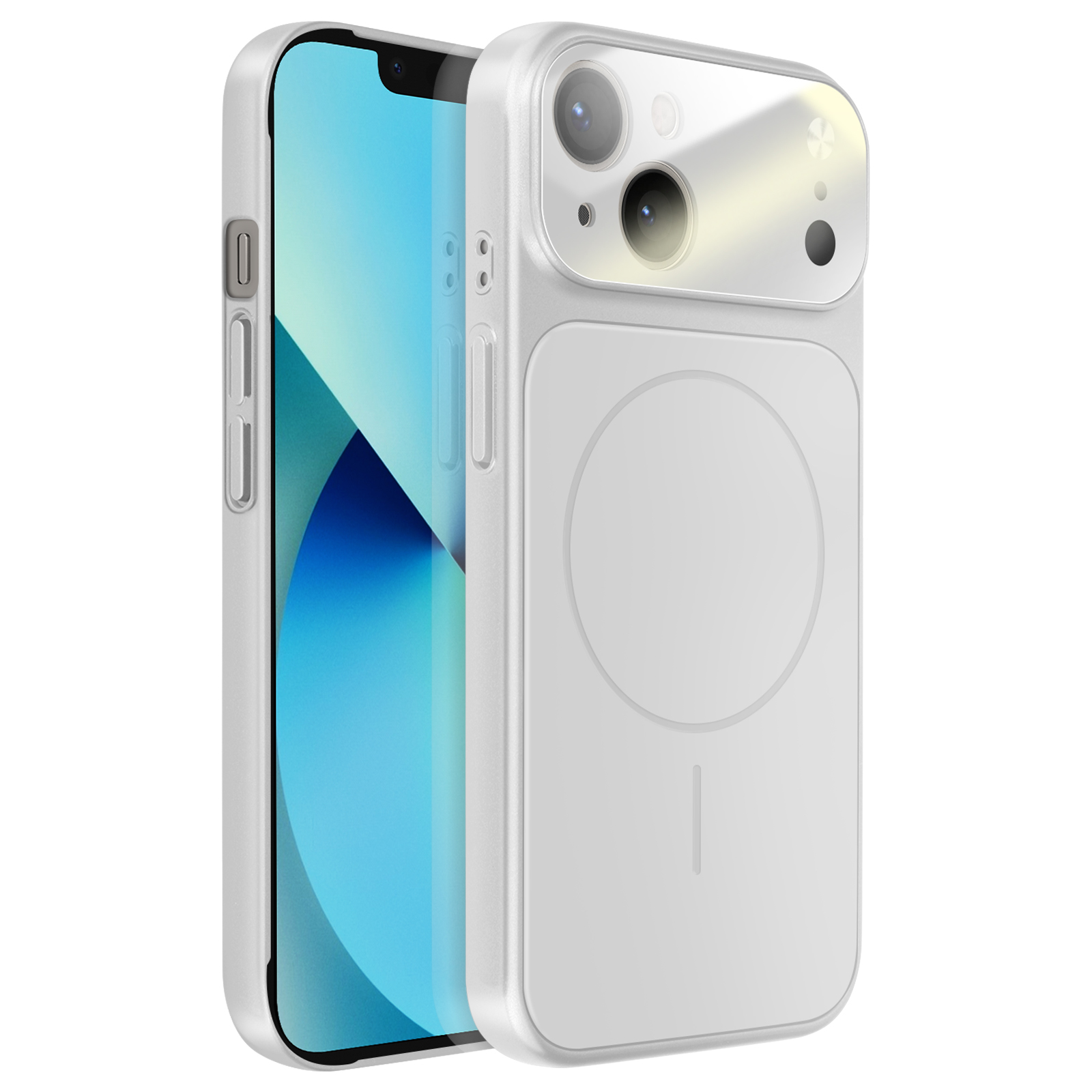 Un smartphone blanc dans un étui de protection, debout.