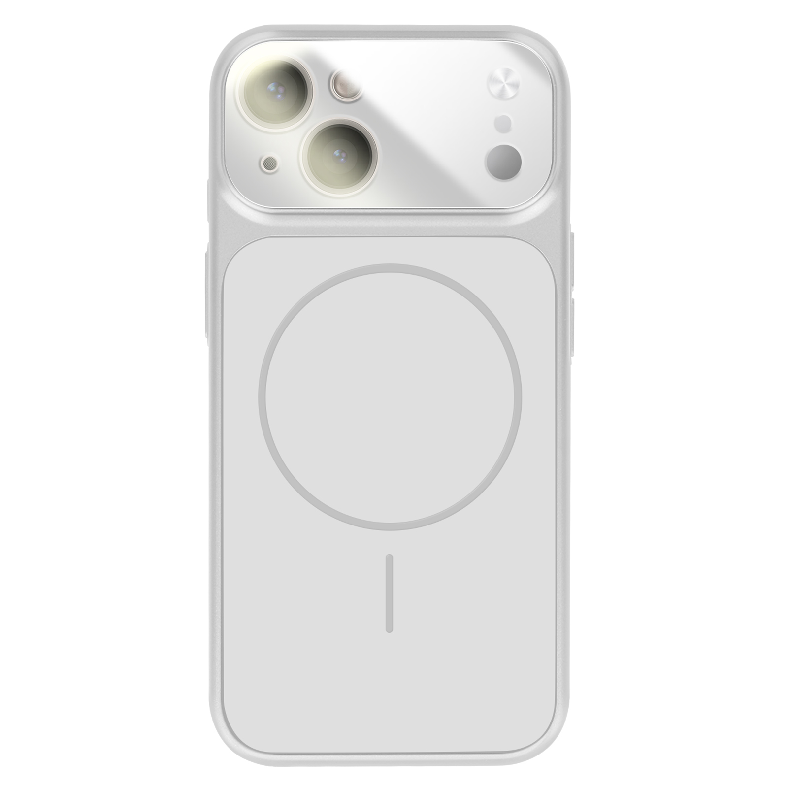 Une coque de téléphone blanche avec deux objectifs et une zone magnétique circulaire.