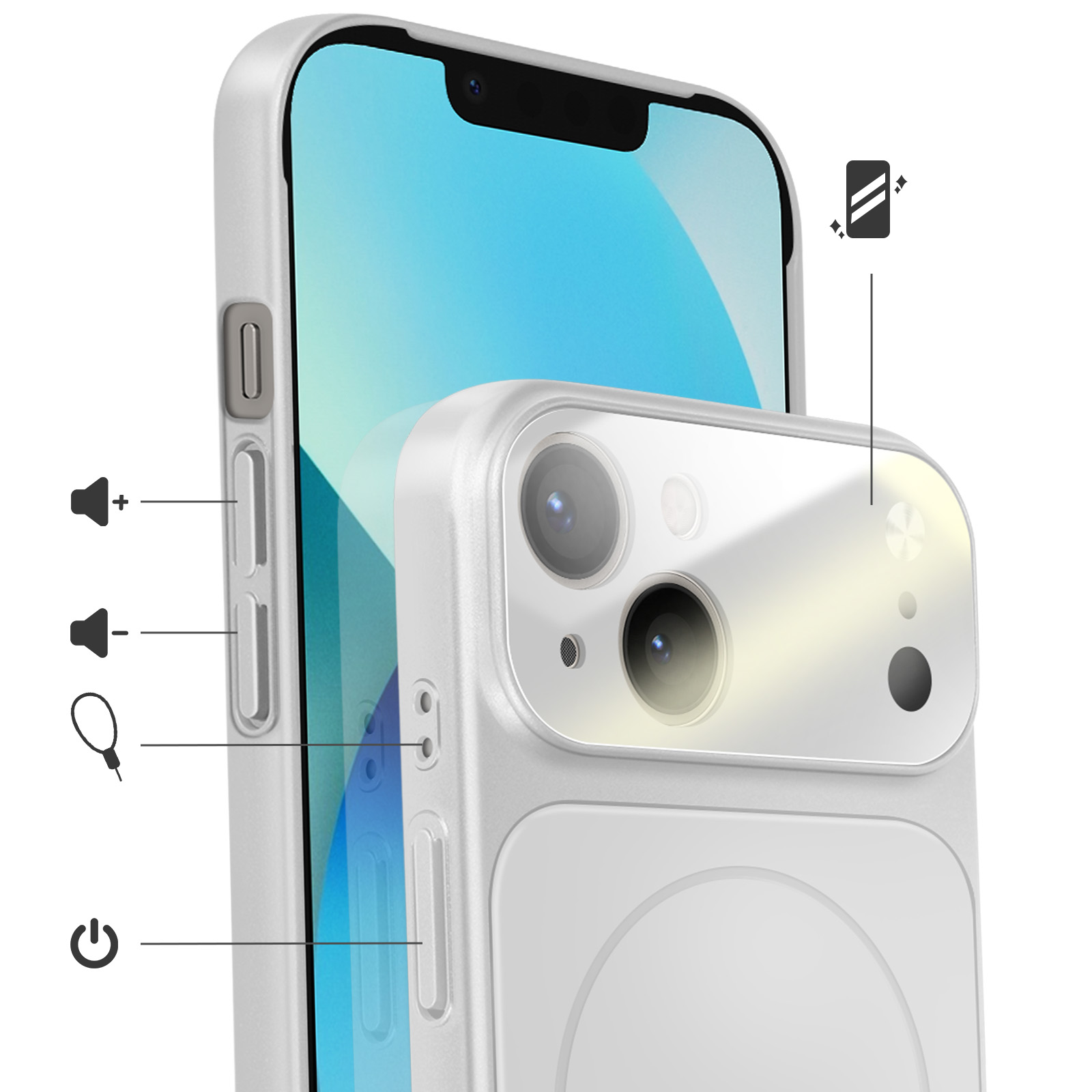 Un smartphone blanc avec appareil photo, flash et boutons de volume.