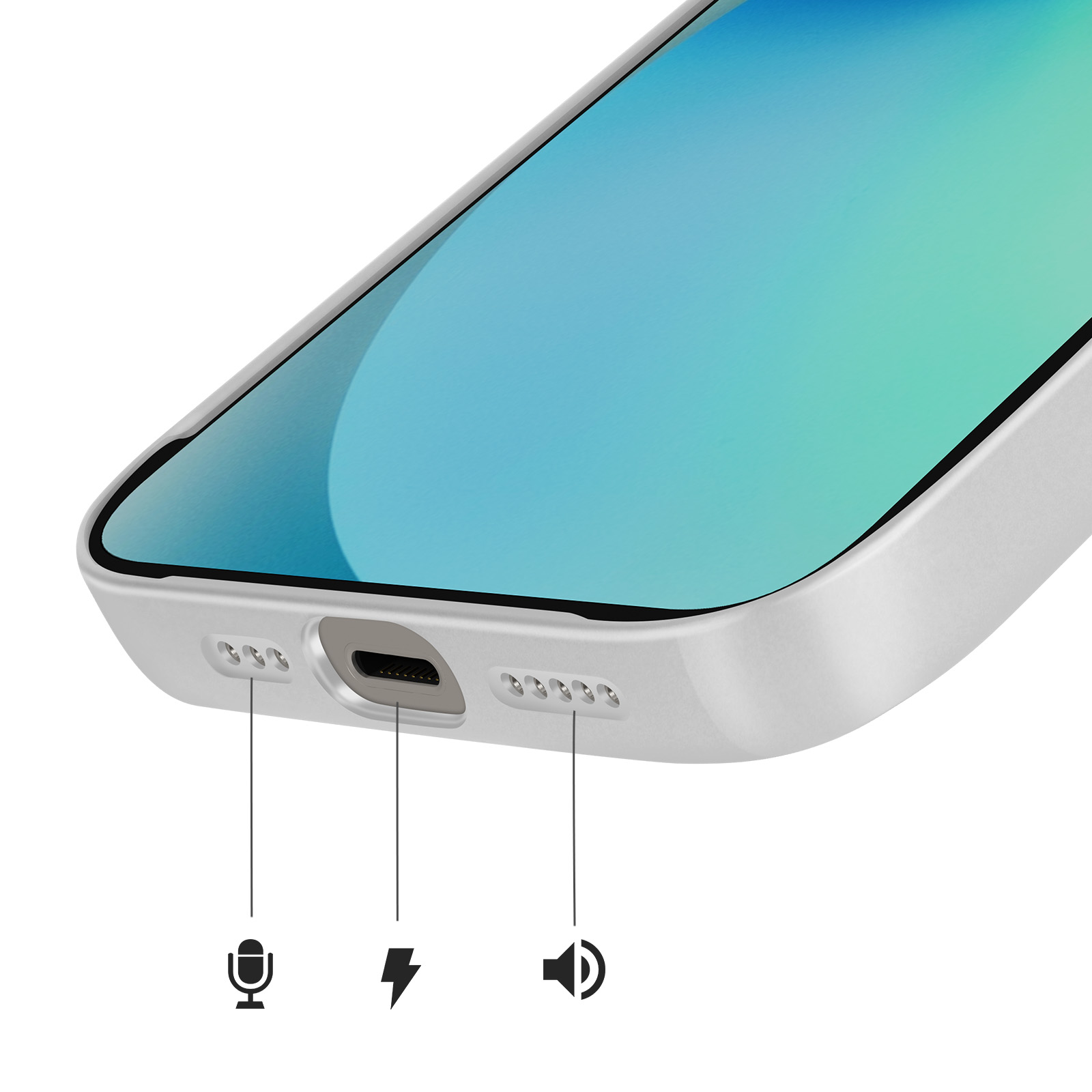 Gros plan d'une coque de smartphone blanche montrant port de charge, icônes micro et haut-parleur.