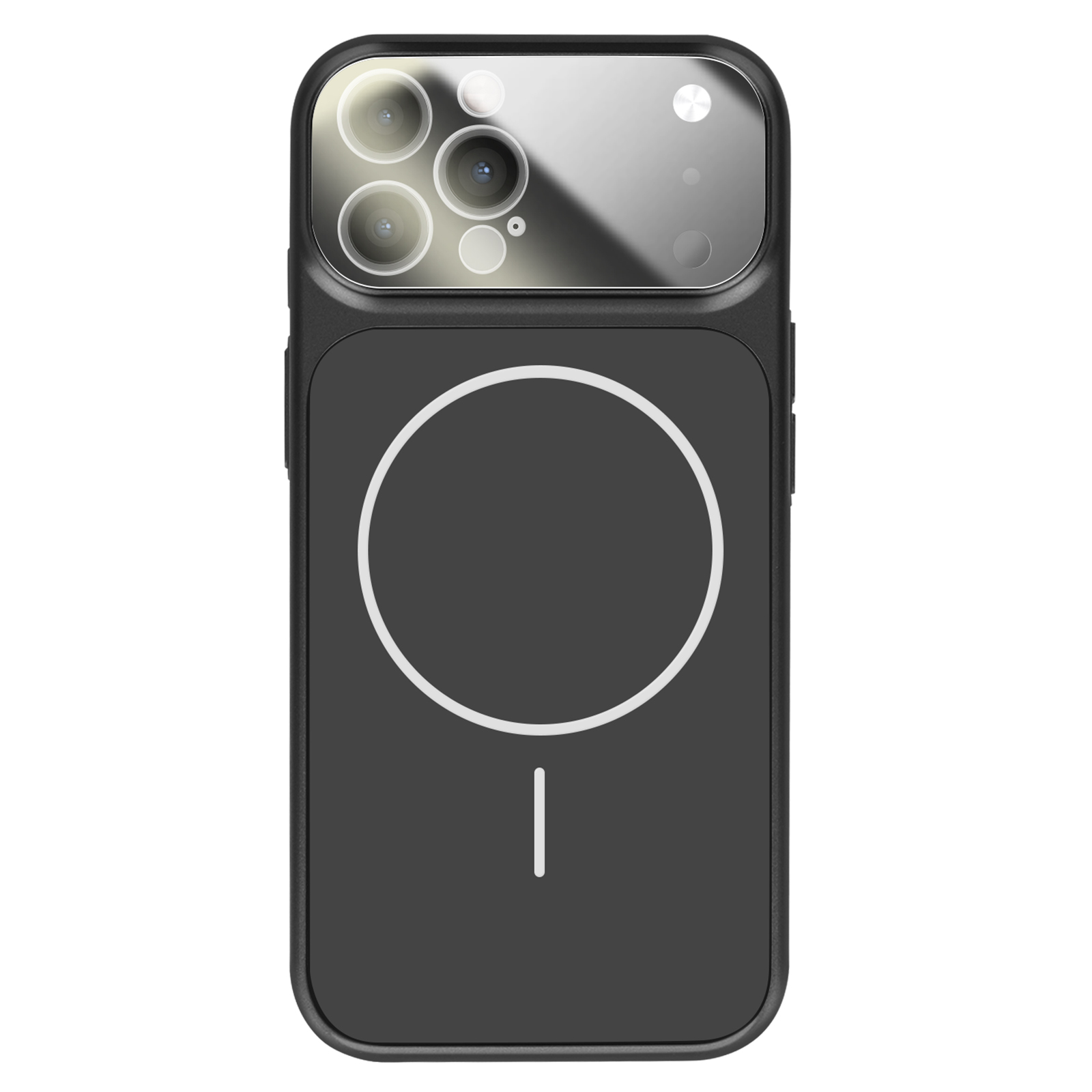 Zwarte telefoonhoes met cameralenzen en magneetring.