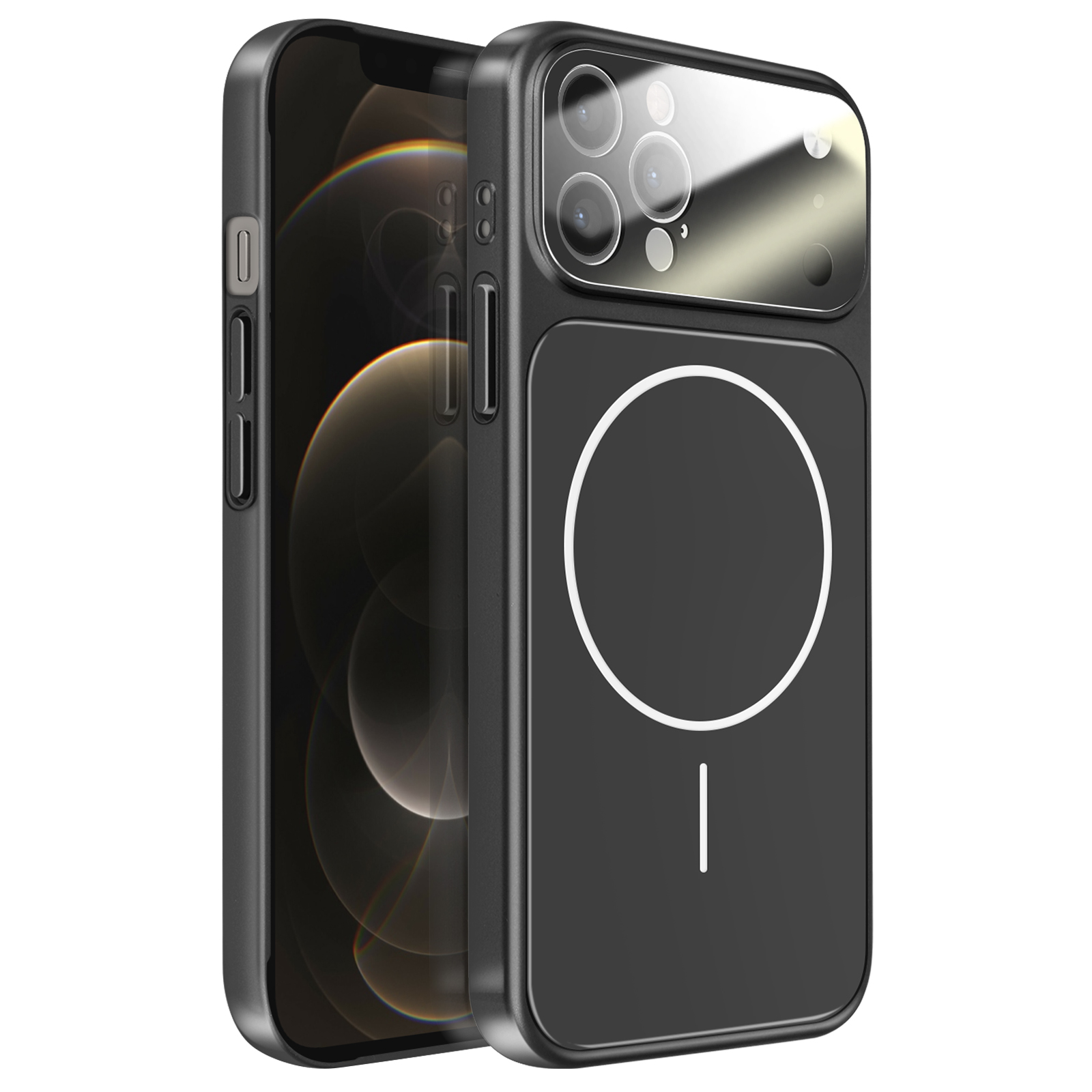 Zwarte iPhone case met cameralens en cirkelvormig magneetontwerp op de achterkant.