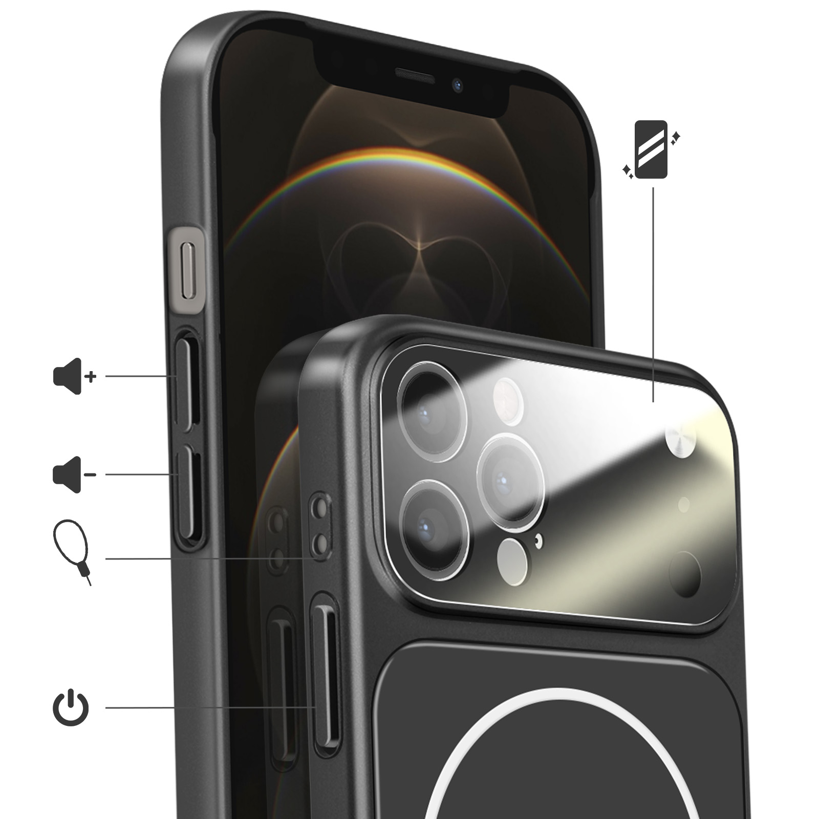 Zwarte iPhone met cameralenzen en oplaadindicatoren. Volume- en aan/uitknoppen zichtbaar.