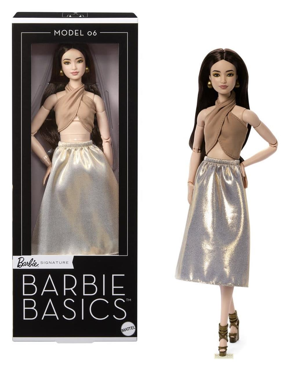 Barbie Basics Model 06 Puppe in beige Neckholder-Oberteil und silbernem Rock, in und aus der Box.