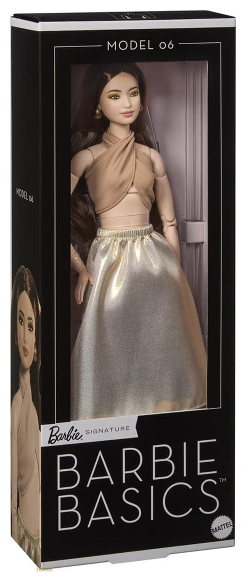 Barbie Model 06 in goldfarbenem Wickeltop und glänzendem Rock, in schwarzer Box.