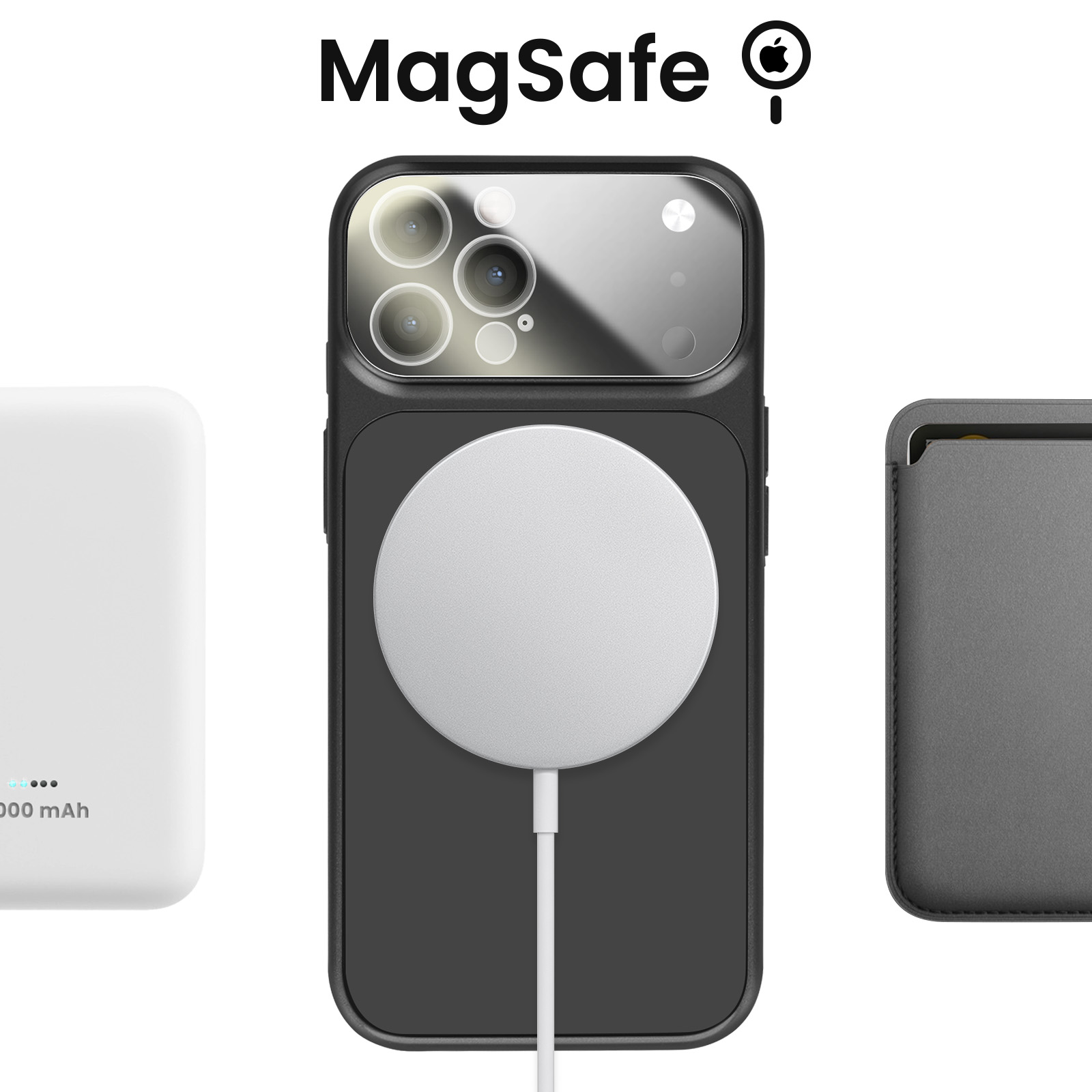 Witte powerbank, zwarte iPhone met MagSafe-oplader, grijze kaarthouder.