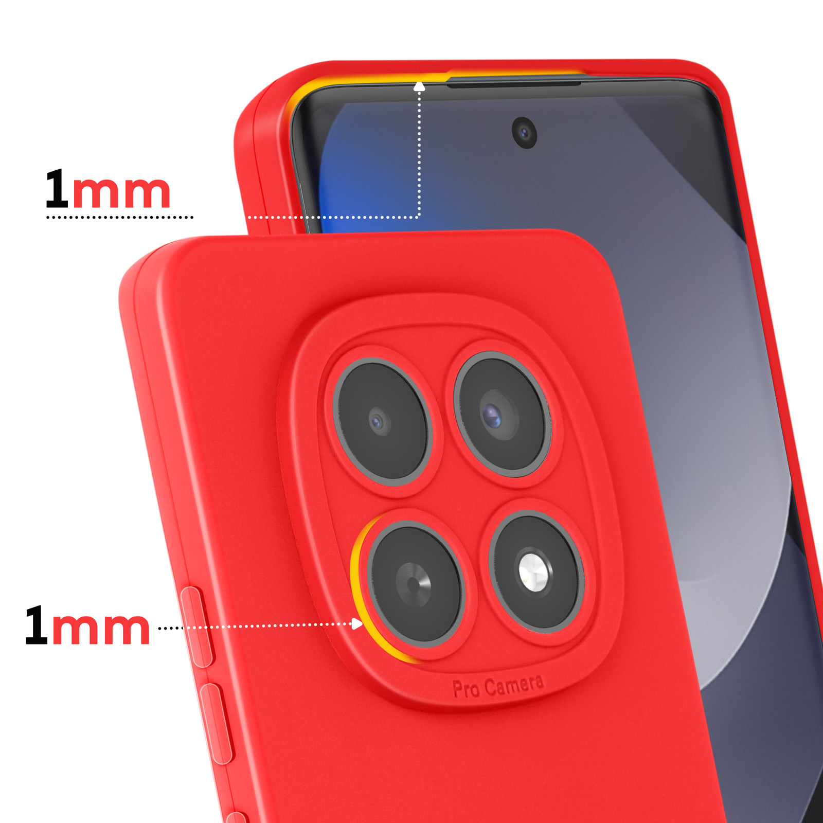 Rode telefoonhoes met 1mm rand, vierdubbele camera, witte achtergrond.