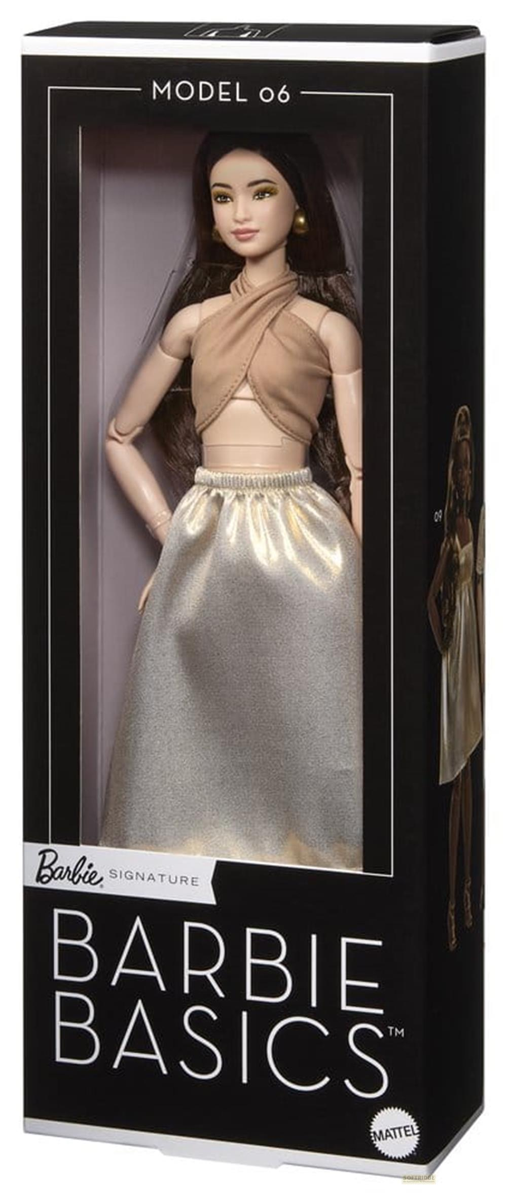 Barbie Model 06 in Box mit goldfarbenem Rock und beige Top.