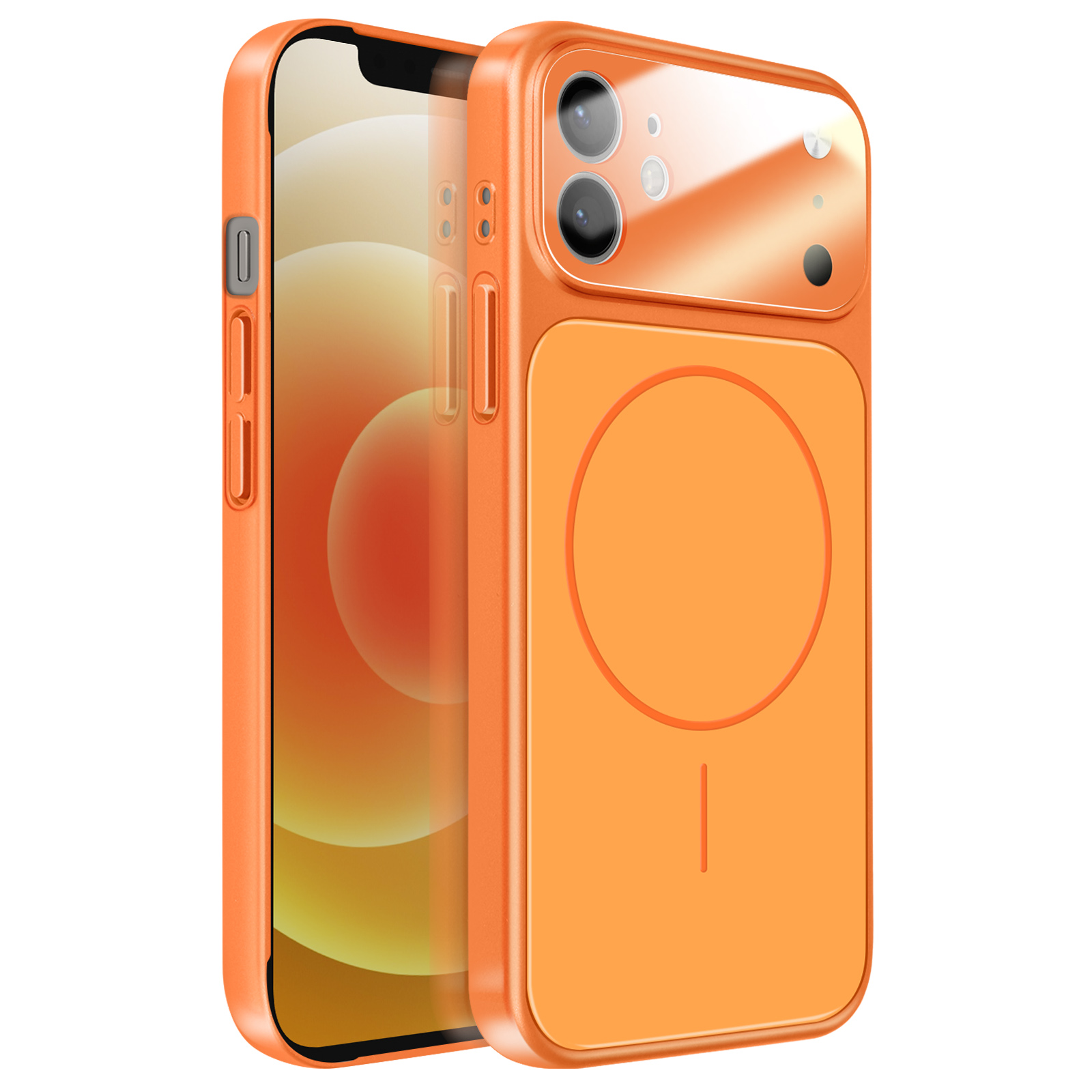 Oranje hoesje voor smartphone met twee camera's en een cirkelvormig gebied.