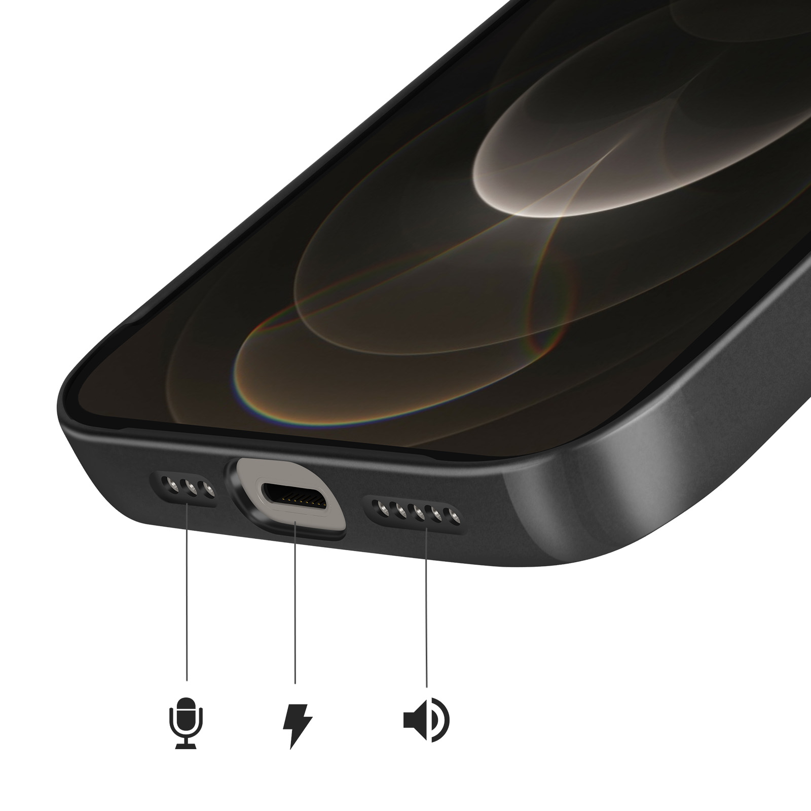 Close-up van de onderkant van een zwarte smartphone met oplaadpoort.