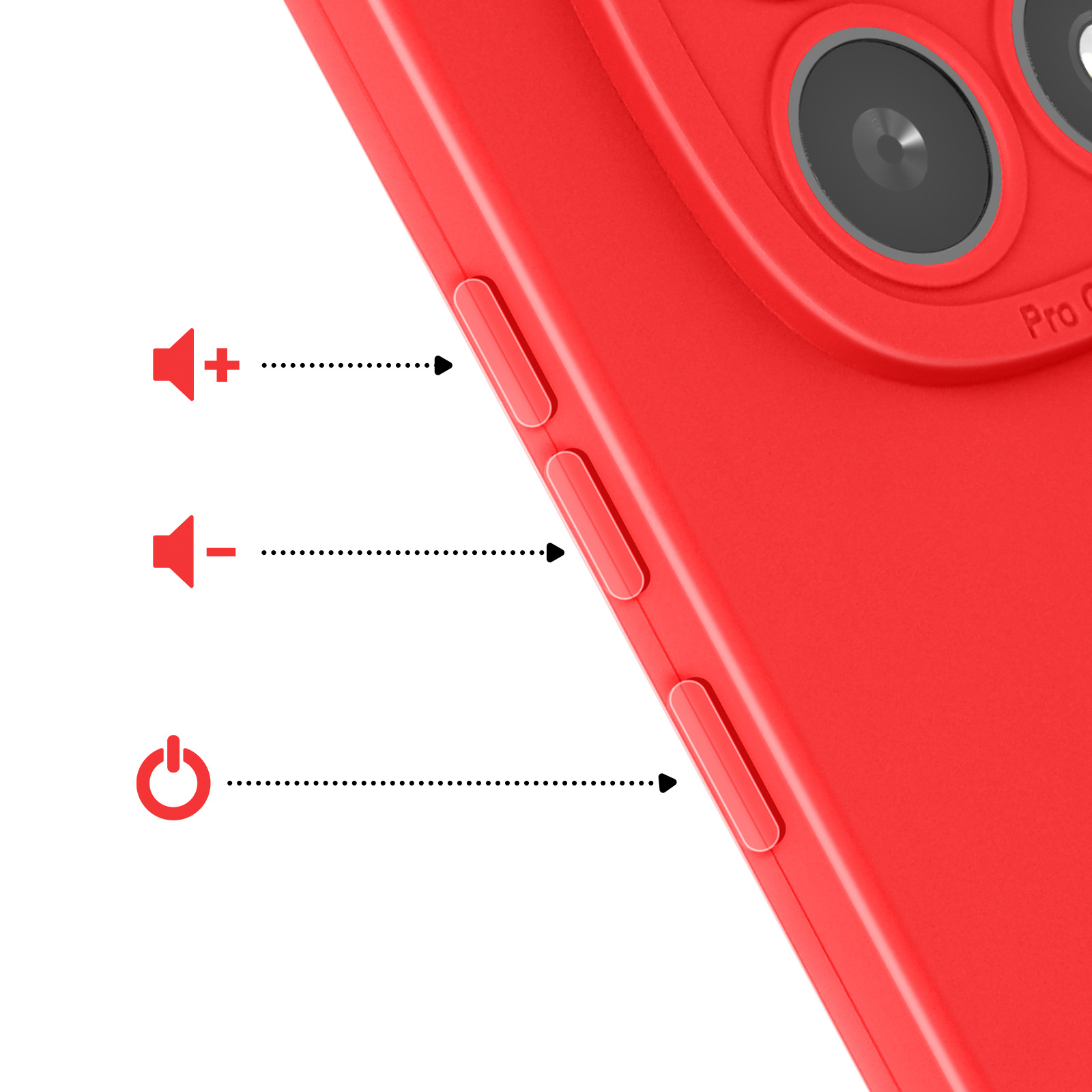 Rode telefoon met volume- en aan/uitknoppen, cameralenzen.