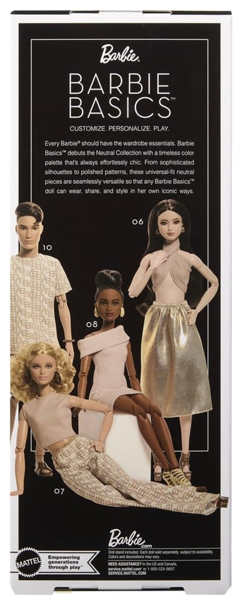 Barbie Basics Puppen in neutralen Outfits mit Mustern. Ein Mann, drei Frauen.