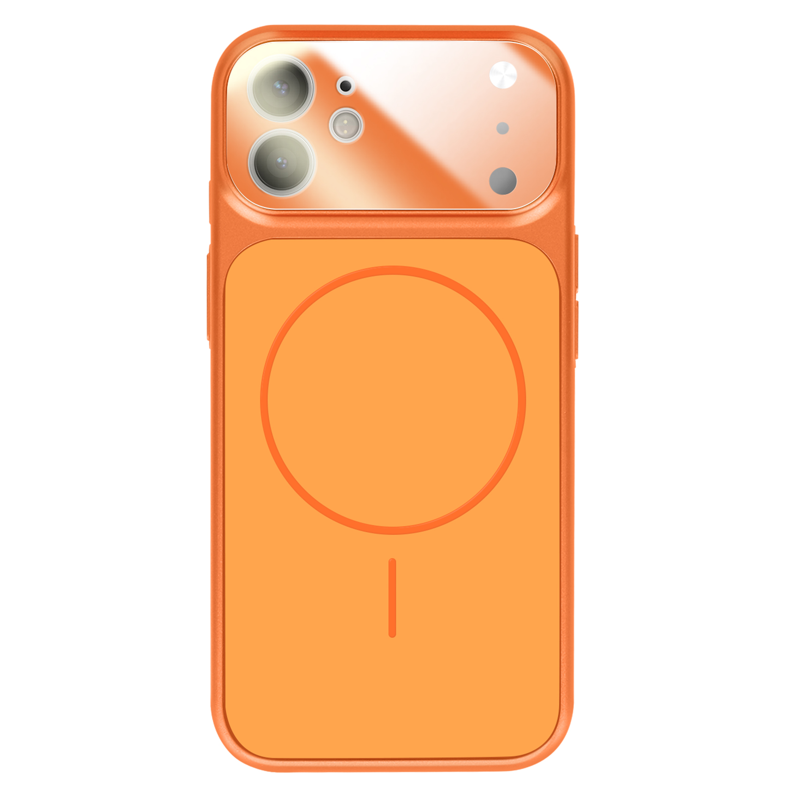 Oranje telefoonhoesje met camerauitsparing en magneetring.