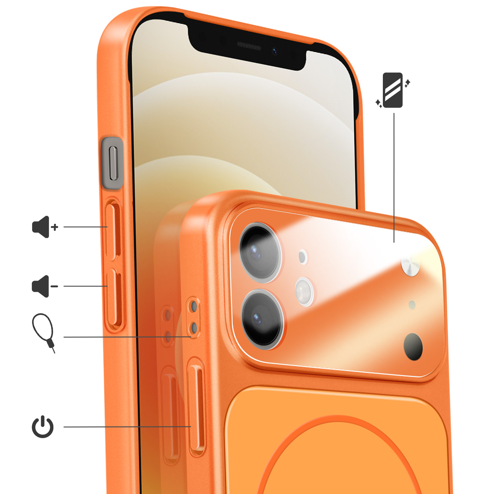 Oranje telefoonhoes met twee cameralensjes en flitser op de achterkant.
