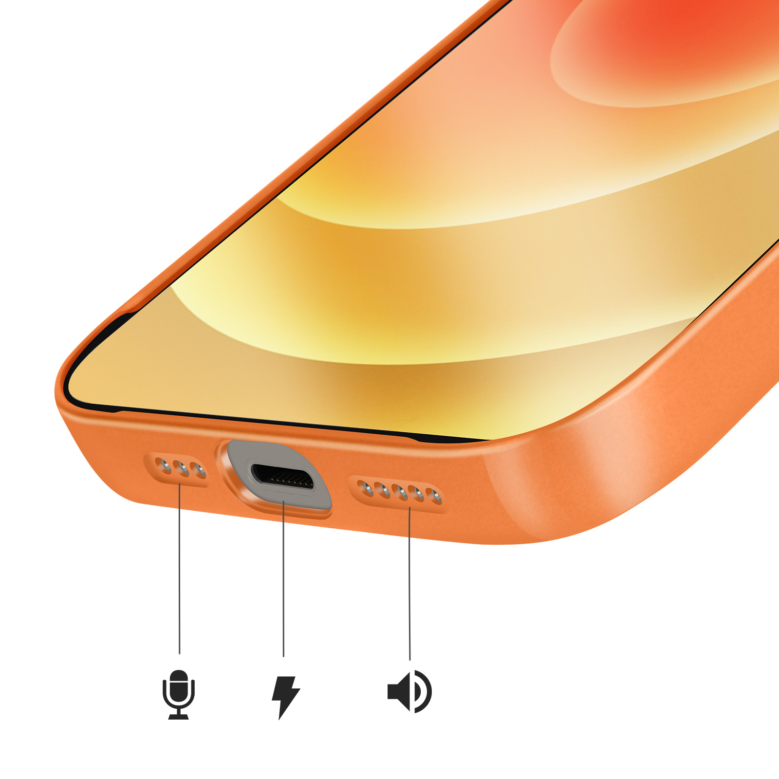 Oranje telefoon met oplaadpoort, microfoon- en luidsprekerpictogrammen.